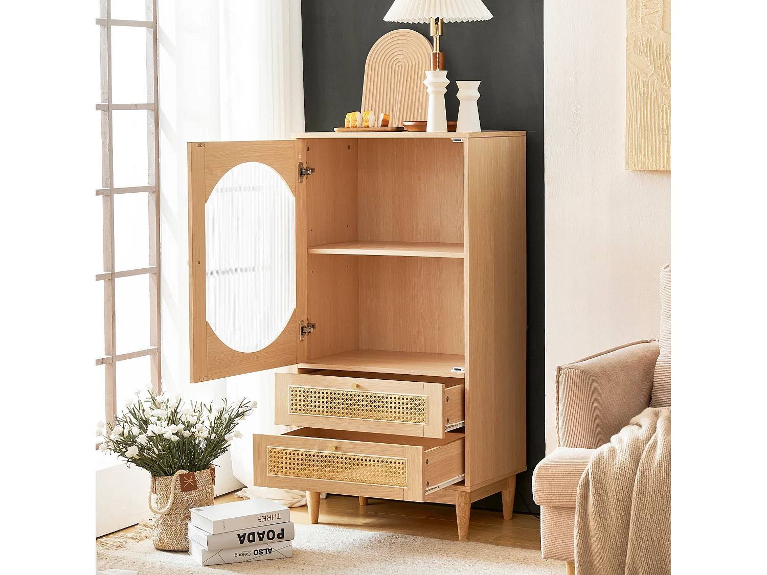 Hoog dressoir met 2 laden en 1 glazen deur, spaanplaathout, eikenkleur, 60 x 40 x 120 cm