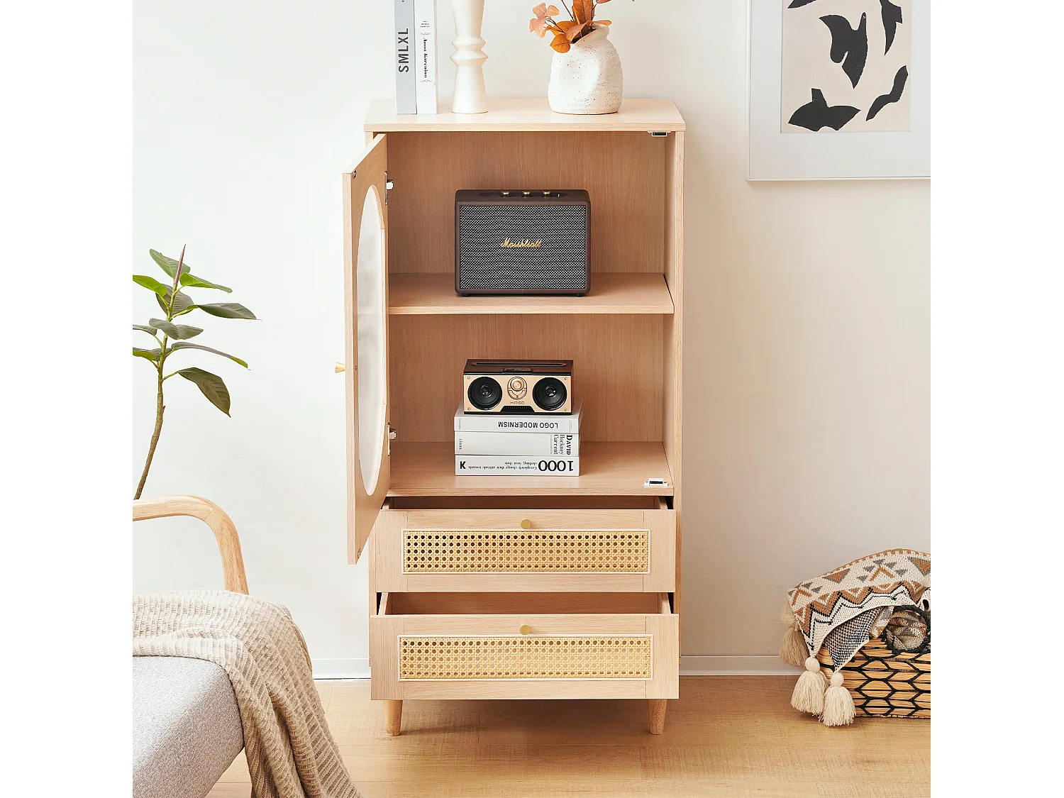 Hoog dressoir met 2 laden en 1 glazen deur, spaanplaathout, eikenkleur, 60 x 40 x 120 cm