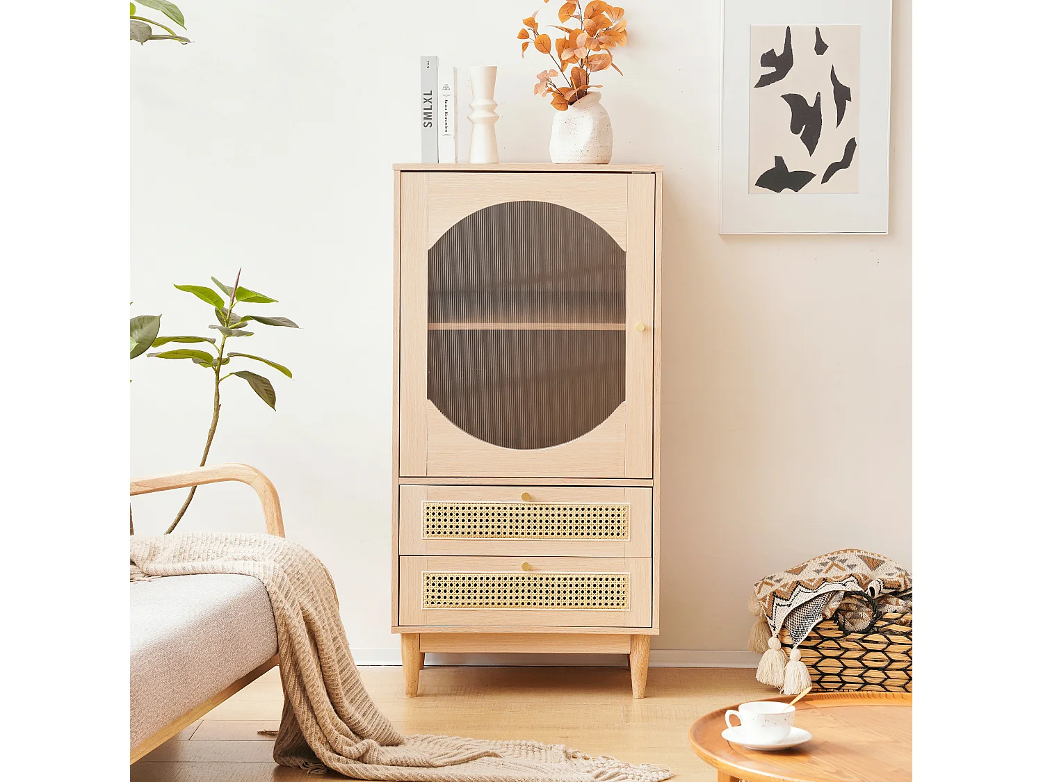 Hoog dressoir met 2 laden en 1 glazen deur, spaanplaathout, eikenkleur, 60 x 40 x 120 cm