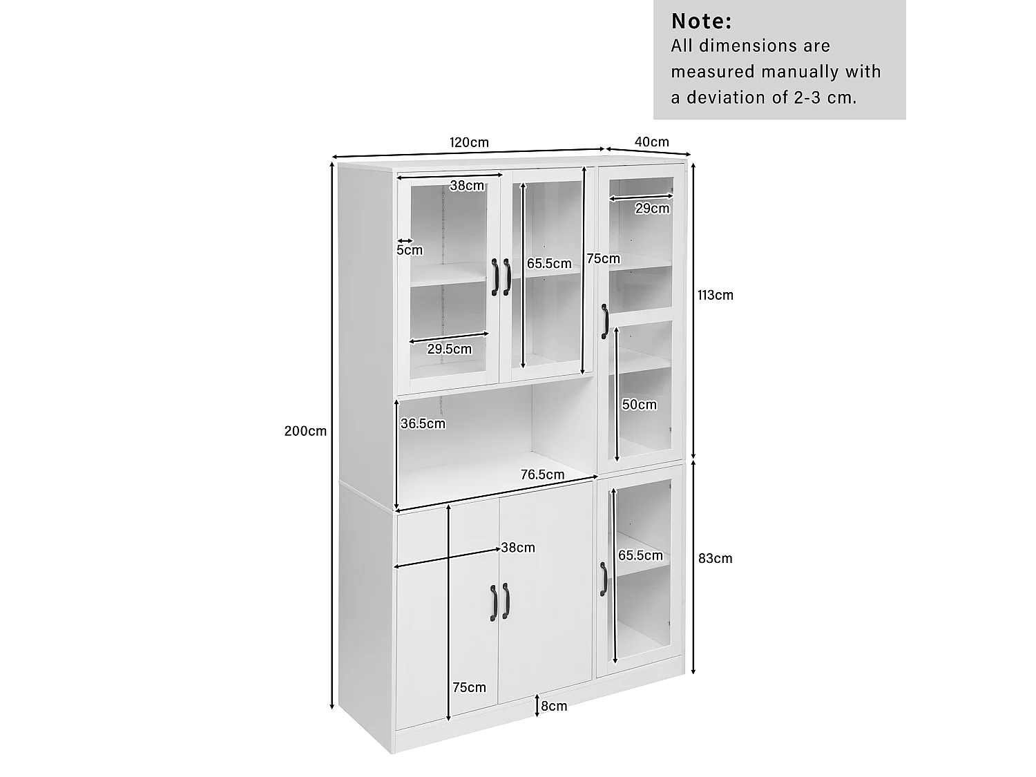 Hohe Sideboard-Vitrine mit 6 Türen und 1 Fach – LEDs – MDF-Holz – Weiß – 120 x 40 x 200 cm