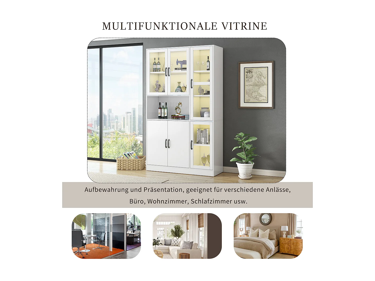 Hohe Sideboard-Vitrine mit 6 Türen und 1 Fach – LEDs – MDF-Holz – Weiß – 120 x 40 x 200 cm