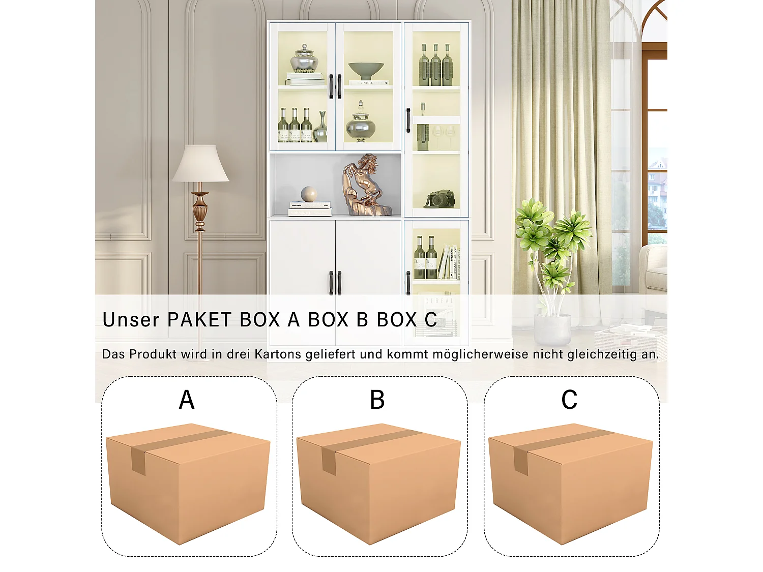 Hohe Sideboard-Vitrine mit 6 Türen und 1 Fach – LEDs – MDF-Holz – Weiß – 120 x 40 x 200 cm