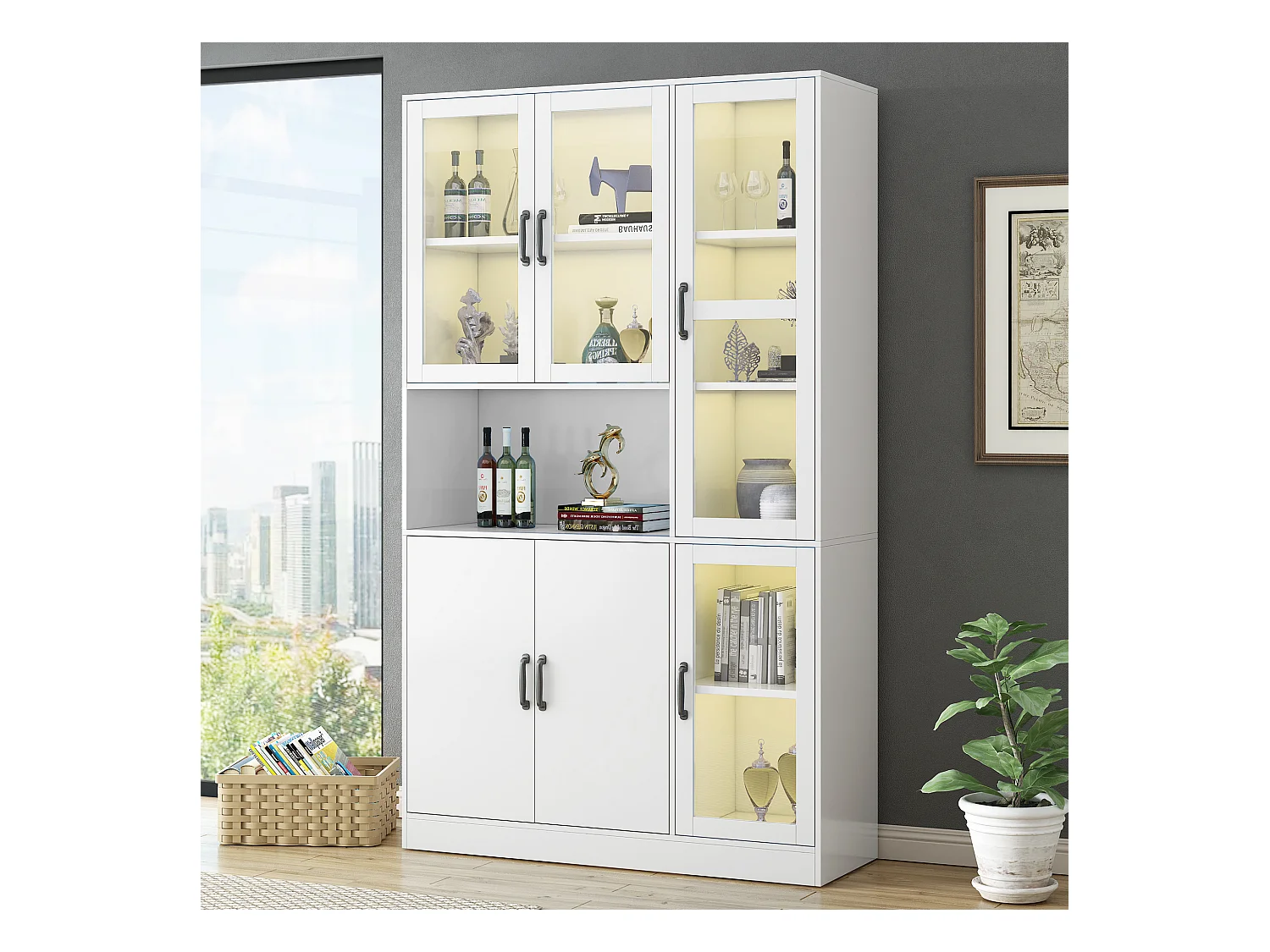 Vitrine Buffet haut 6 portes et 1 compartiment - LEDs - Bois en MDF - Blanc - 120 x 40 x 200 cm