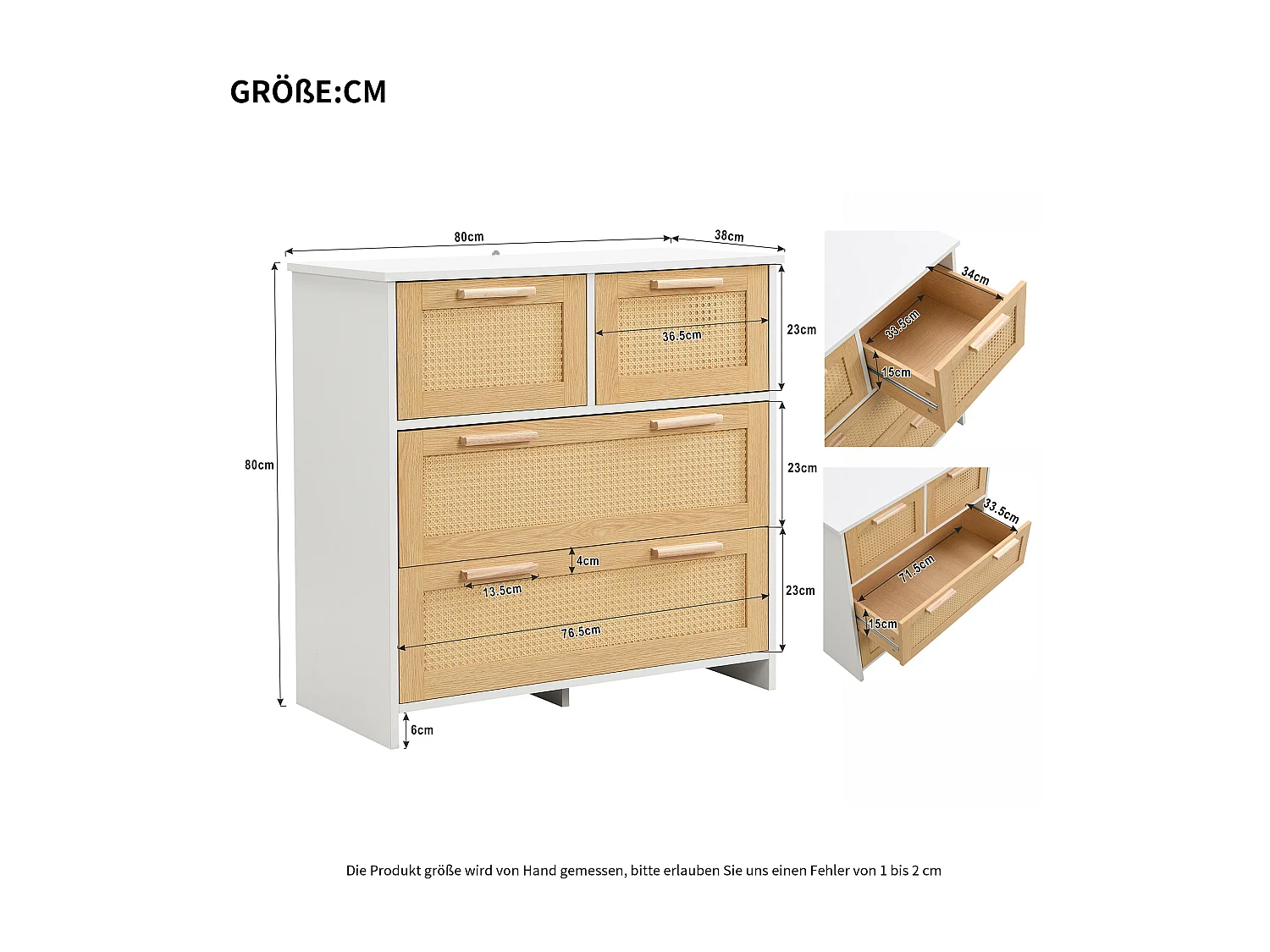 Ladekast met 4 laden - massief houten handgrepen - rotaneffect - wit + eikenkleur - 80 x 38 x 80 cm