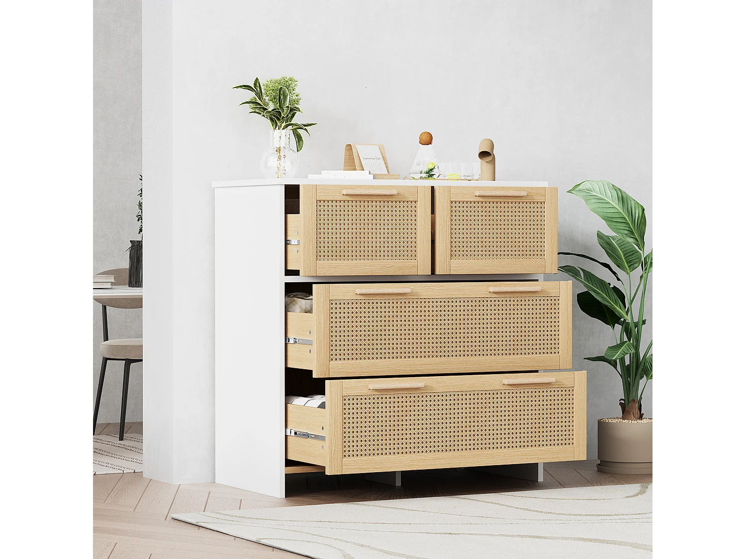 Kommode mit 4 Schubladen – Massivholzgriffe – Rattan-Effekt – Weiß + Eichenfarbe – 80 x 38 x 80 cm