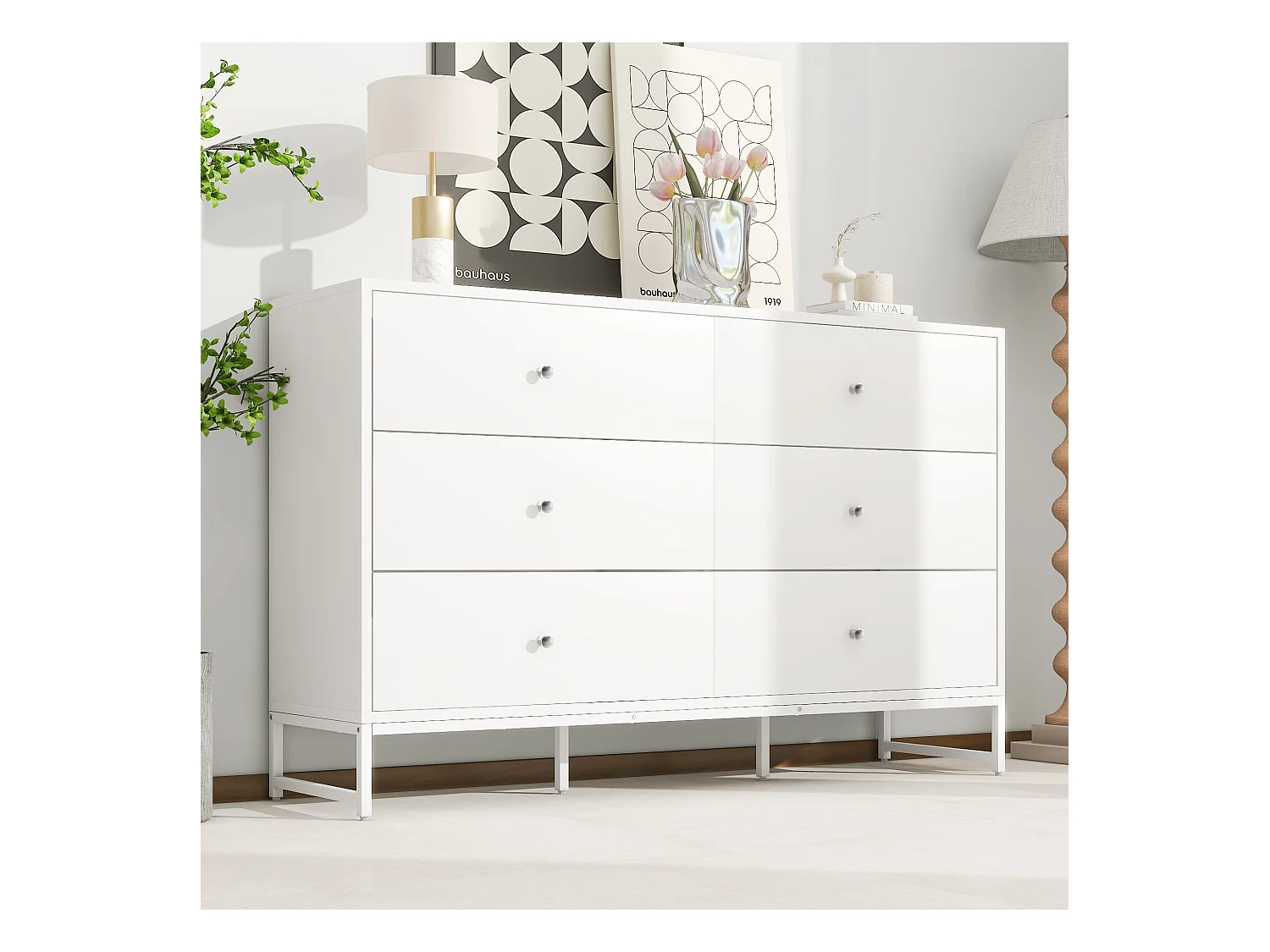 Ladekast met 6 laden - Spaanplaat - voor slaapkamer of badkamer - Wit - 150 L x 40 D x 90 H cm