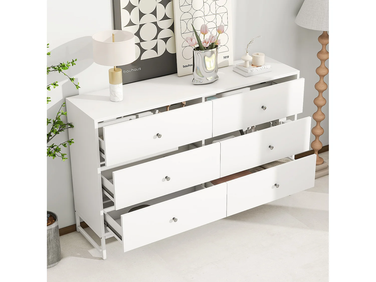 Commode 6 tiroirs - Panneaux de particules - pour chambre ou salle de bain - Blanc - 150 L x 40 P x 90 H cm
