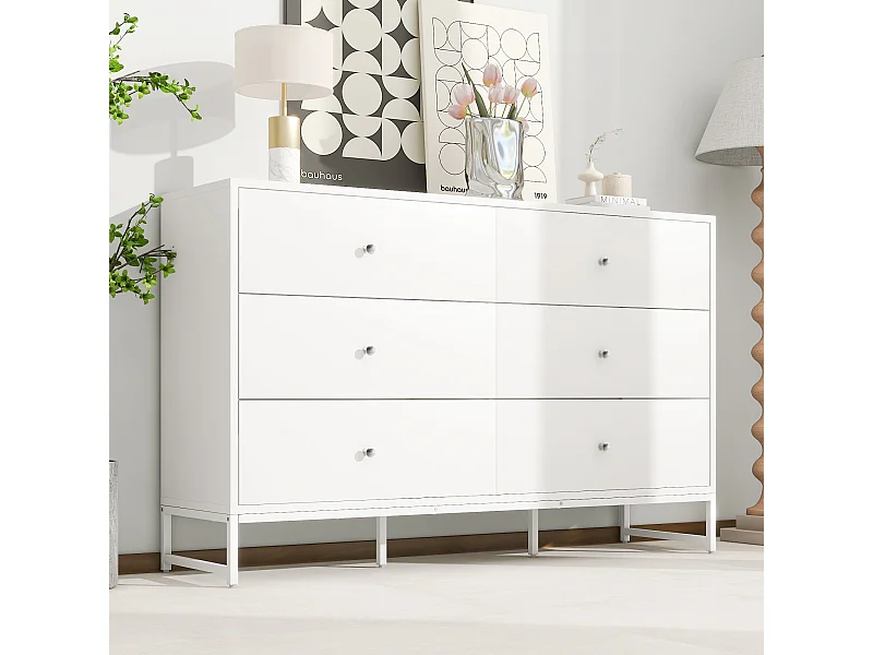 Commode 6 tiroirs - Panneaux de particules - pour chambre ou salle de bain - Blanc - 150 L x 40 P x 90 H cm