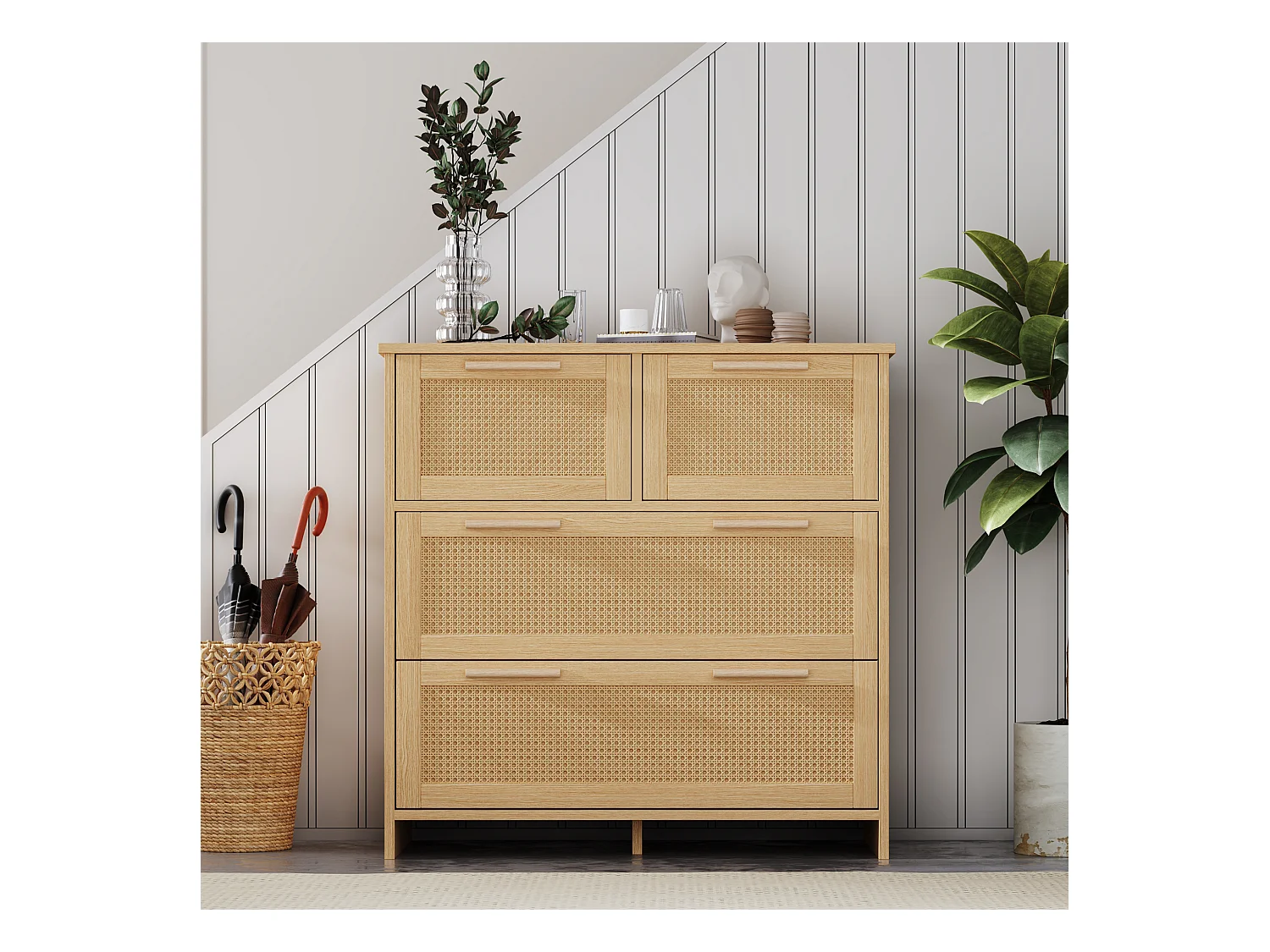 Commode avec 4 tiroirs - poignées en bois massif - coloris chêne - 80 x 38 x 80 cm