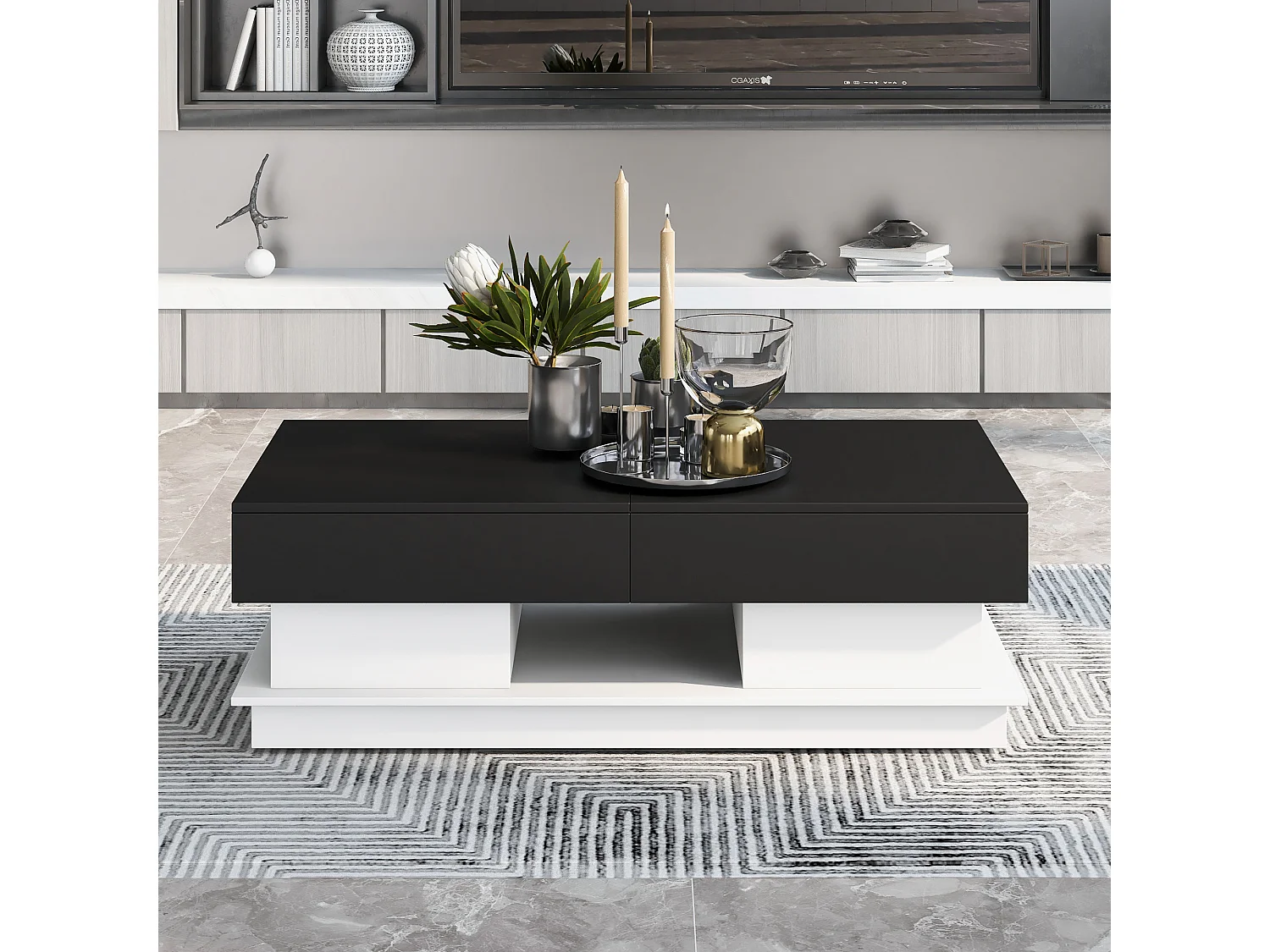Table basse moderne, table de salon avec 1 tiroir et 1 compartiment, haute brillance, LEDs, bois MDF, noir et blanc