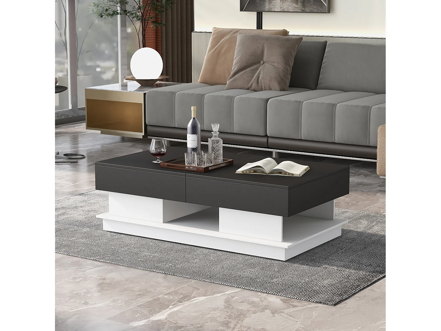 Table basse moderne, table de salon avec 1 tiroir et 1 compartiment, haute brillance, LEDs, bois MDF, noir et blanc