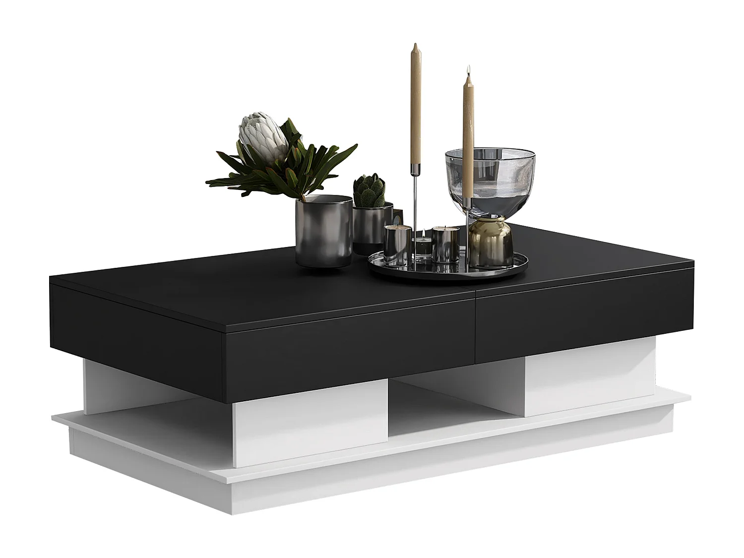 Table basse moderne, table de salon avec 1 tiroir et 1 compartiment, haute brillance, LEDs, bois MDF, noir et blanc