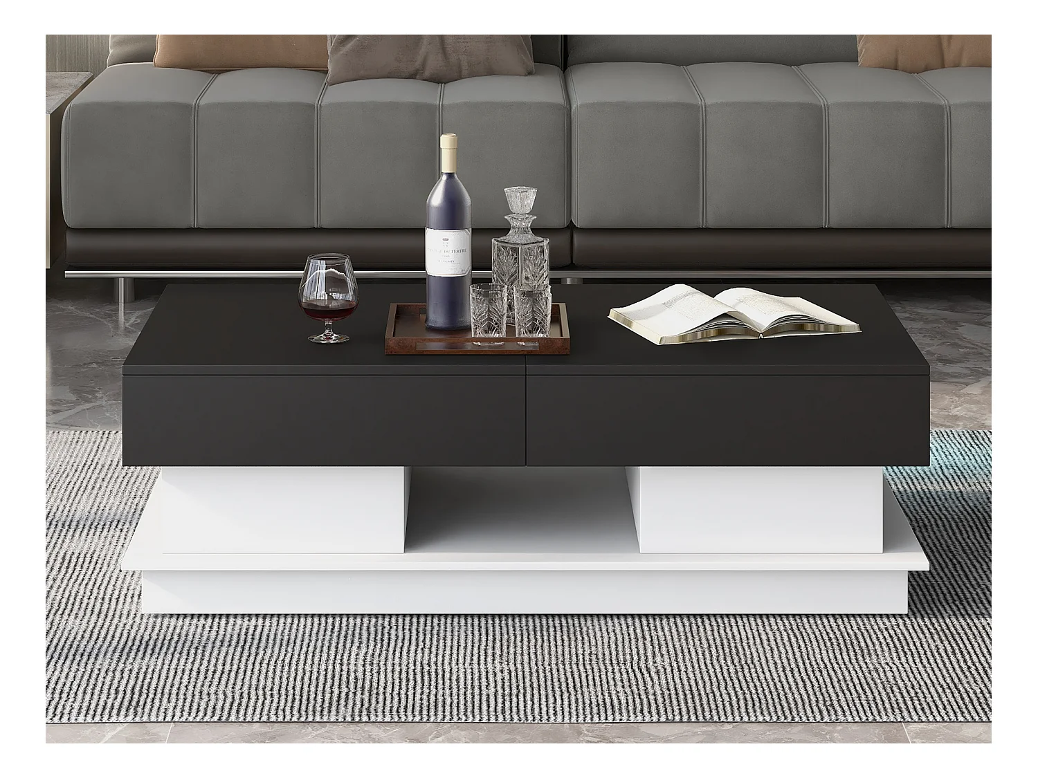 Moderne salontafel, woonkamertafel met 1 lade en 1 vak, hoogglans, LED's, MDF hout, zwart en wit