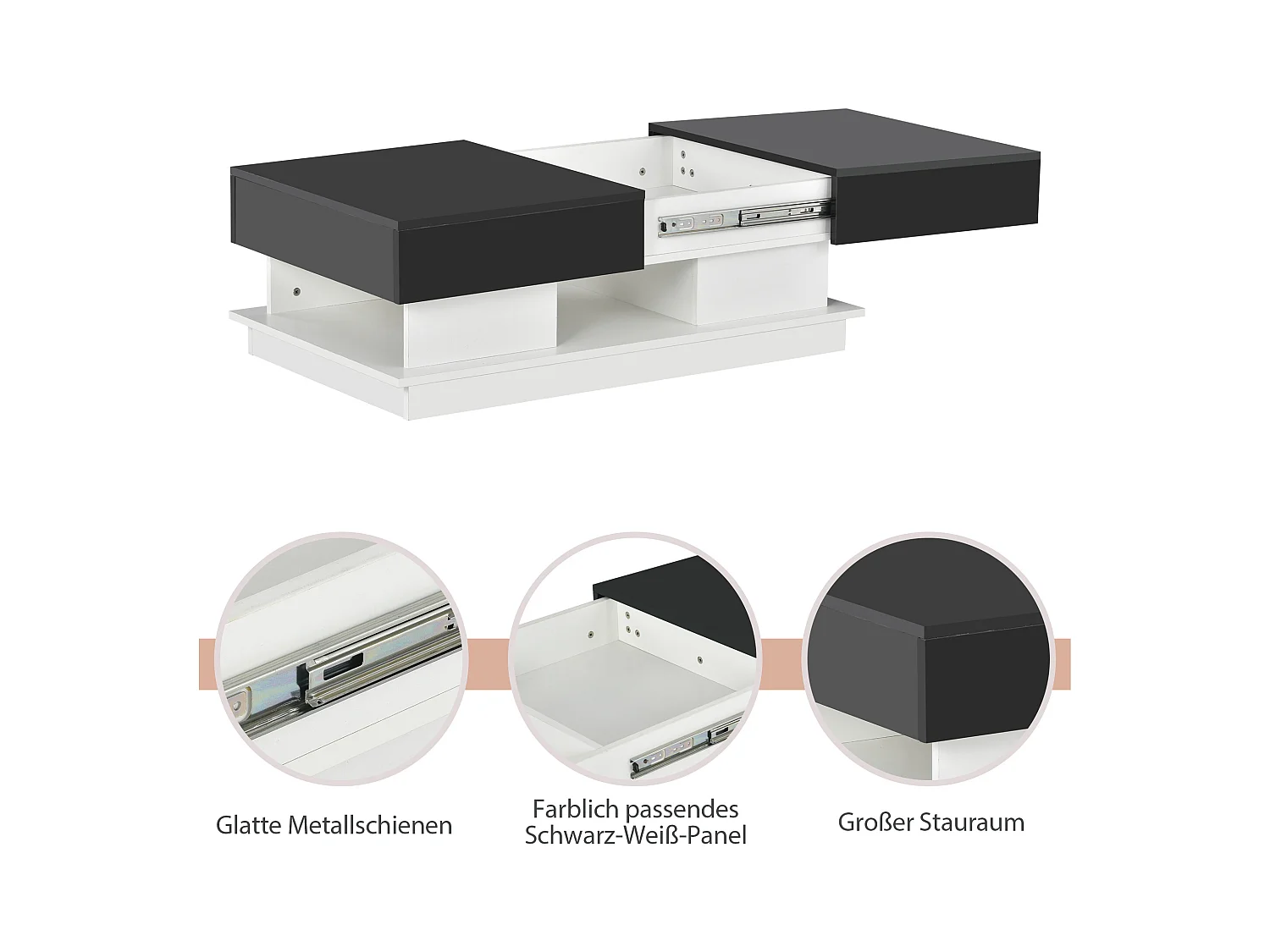 Table basse moderne, table de salon avec 1 tiroir et 1 compartiment, haute brillance, LEDs, bois MDF, noir et blanc