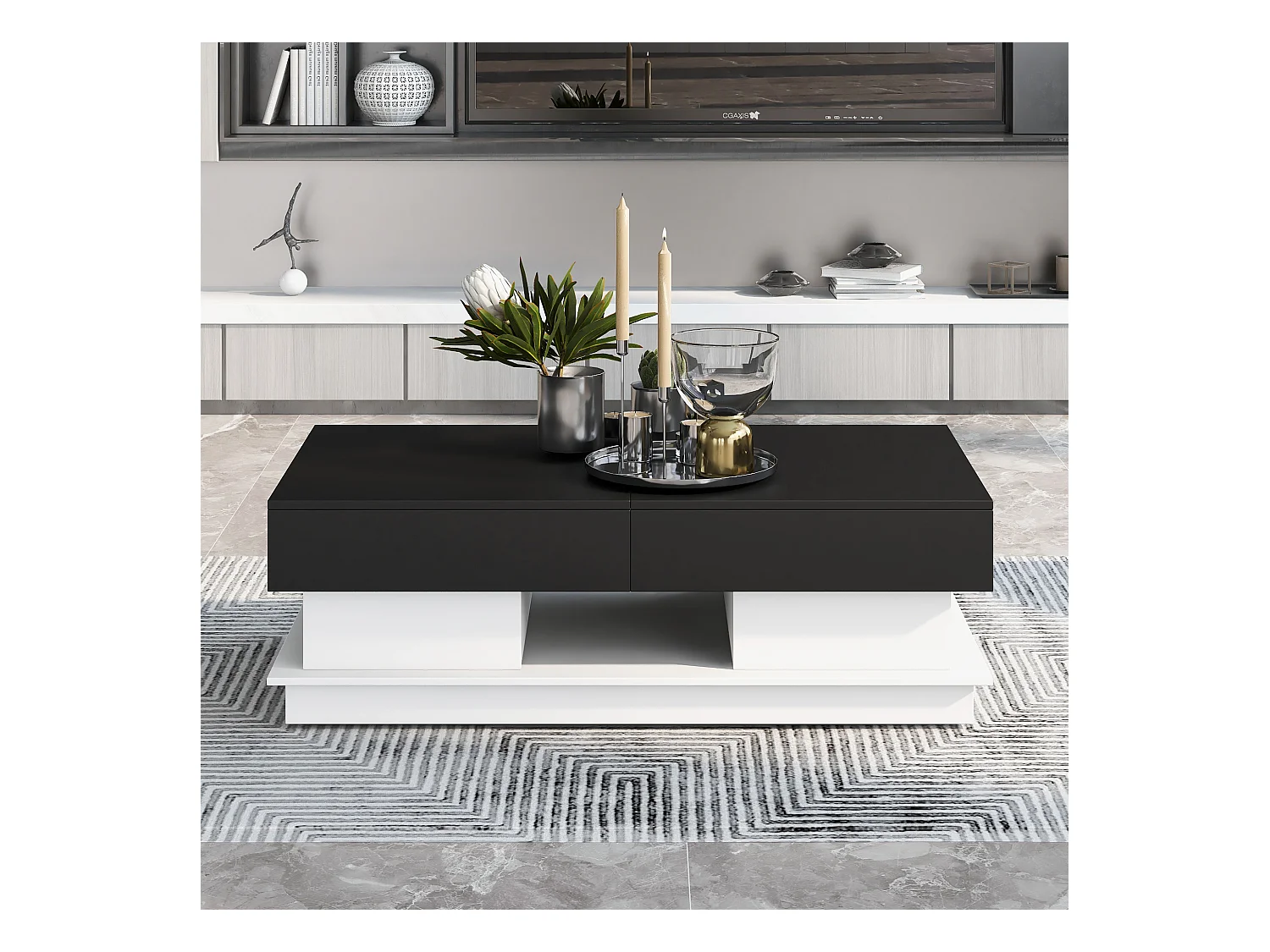 Table basse moderne, table de salon avec 1 tiroir et 1 compartiment, haute brillance, LEDs, bois MDF, noir et blanc