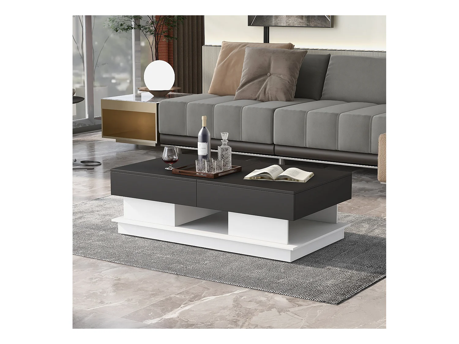 Table basse moderne, table de salon avec 1 tiroir et 1 compartiment, haute brillance, LEDs, bois MDF, noir et blanc