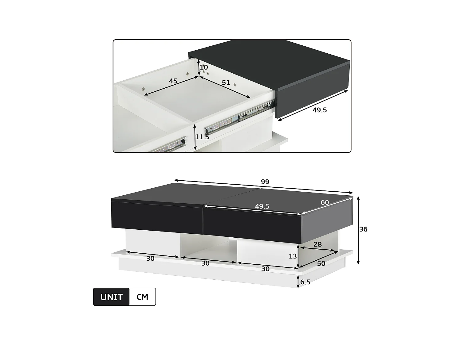 Table basse moderne, table de salon avec 1 tiroir et 1 compartiment, haute brillance, LEDs, bois MDF, noir et blanc