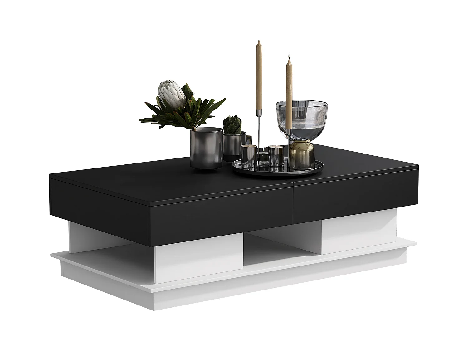 Table basse moderne, table de salon avec 1 tiroir et 1 compartiment, haute brillance, LEDs, bois MDF, noir et blanc