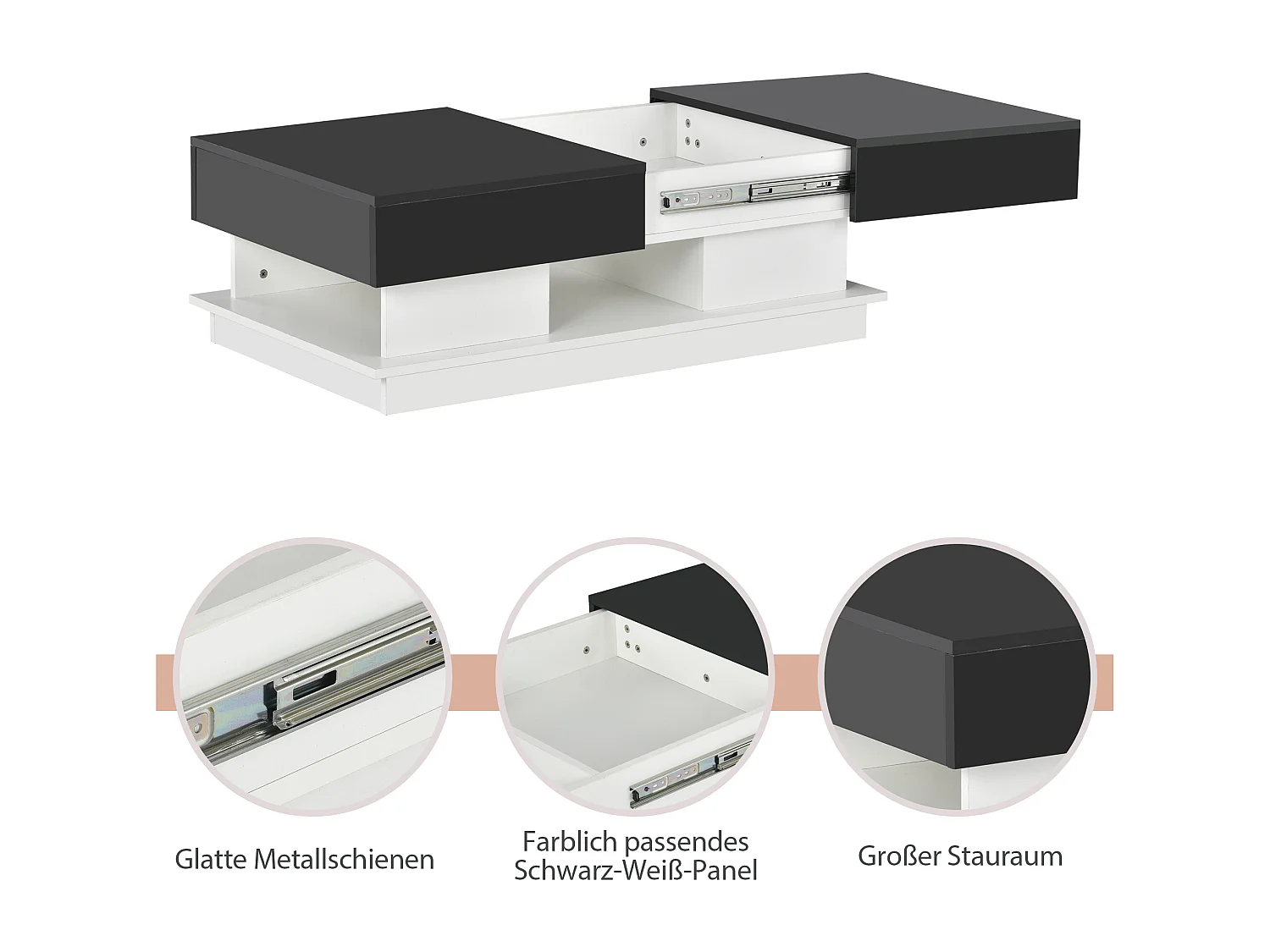 Table basse moderne, table de salon avec 1 tiroir et 1 compartiment, haute brillance, LEDs, bois MDF, noir et blanc