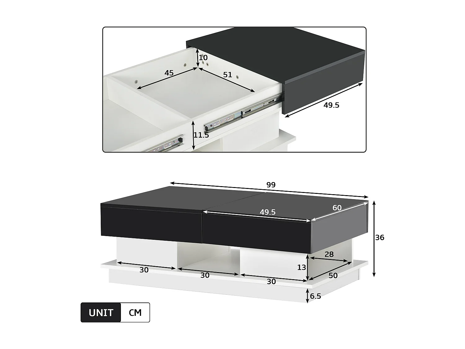 Table basse moderne, table de salon avec 1 tiroir et 1 compartiment, haute brillance, LEDs, bois MDF, noir et blanc