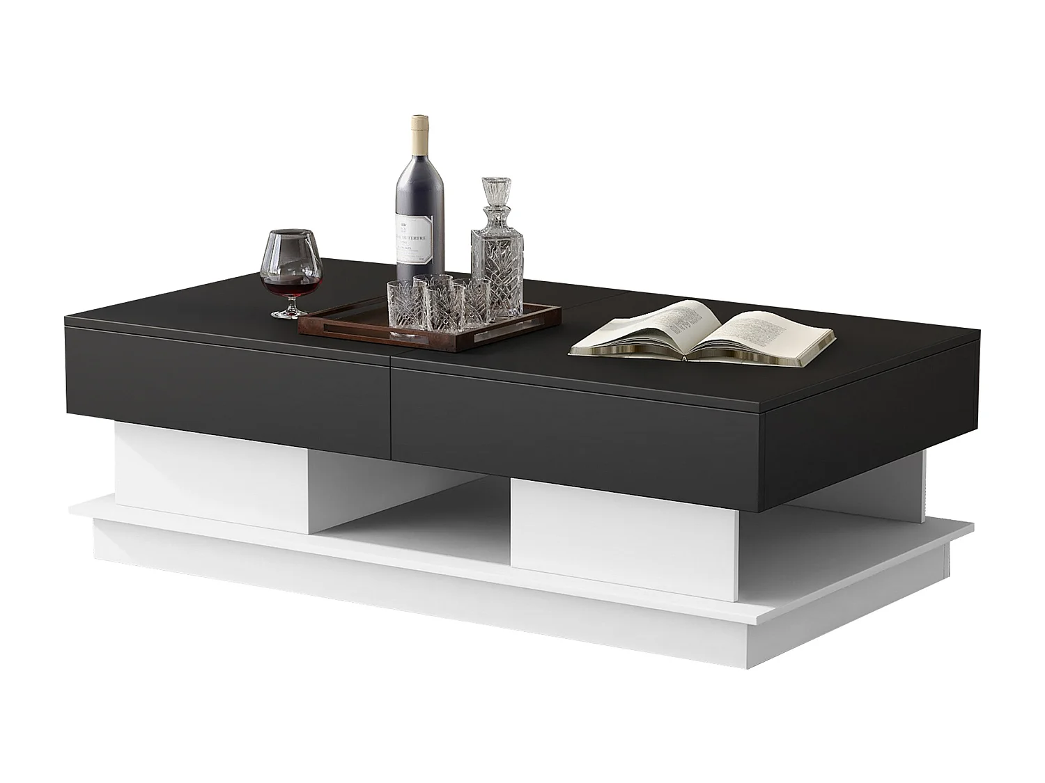 Moderne salontafel, woonkamertafel met 1 lade en 1 vak, hoogglans, LED's, MDF hout, zwart en wit