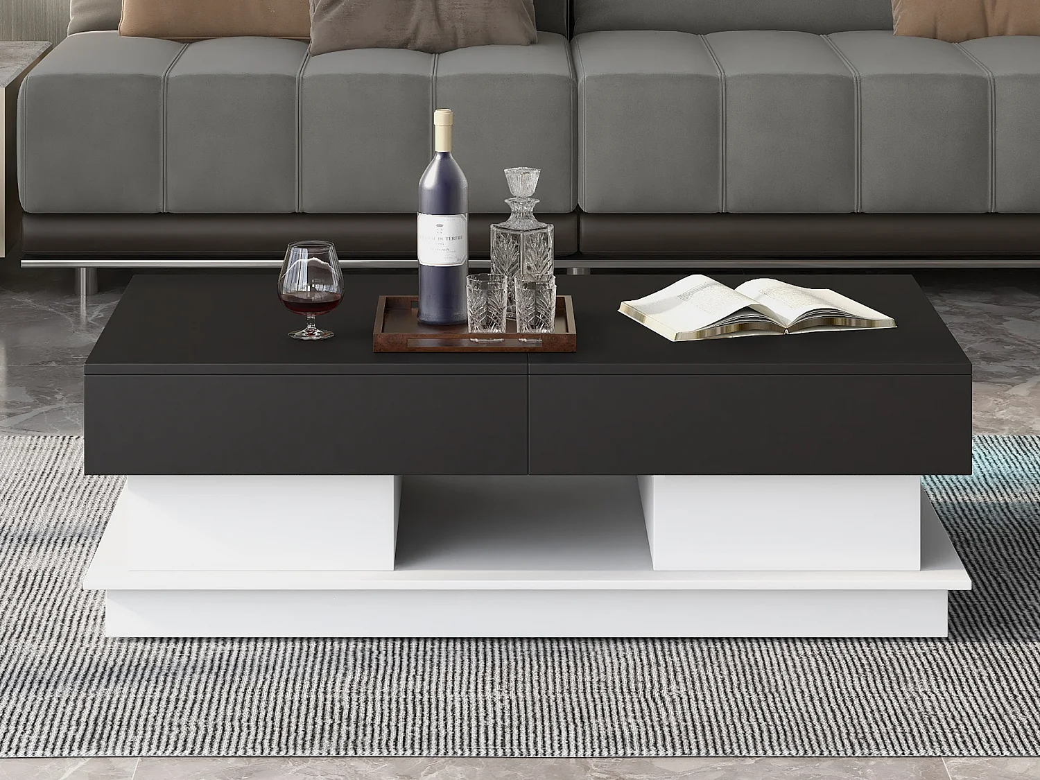 Moderne salontafel, woonkamertafel met 1 lade en 1 vak, hoogglans, LED's, MDF hout, zwart en wit