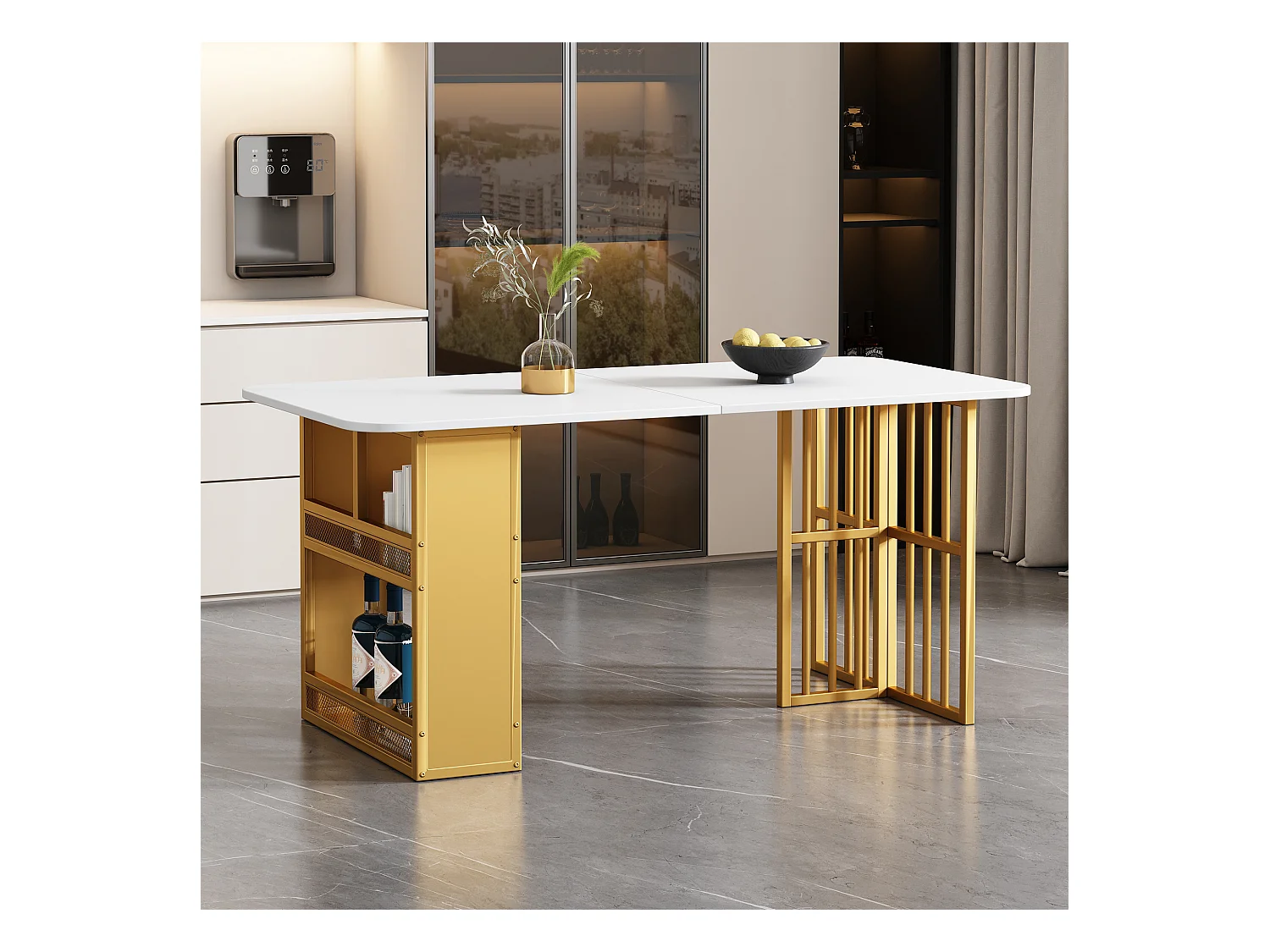 Table à manger rectangulaire 6 couverts, 2 étagères de rangement, bois panneaux de particules et métal doré, blanc