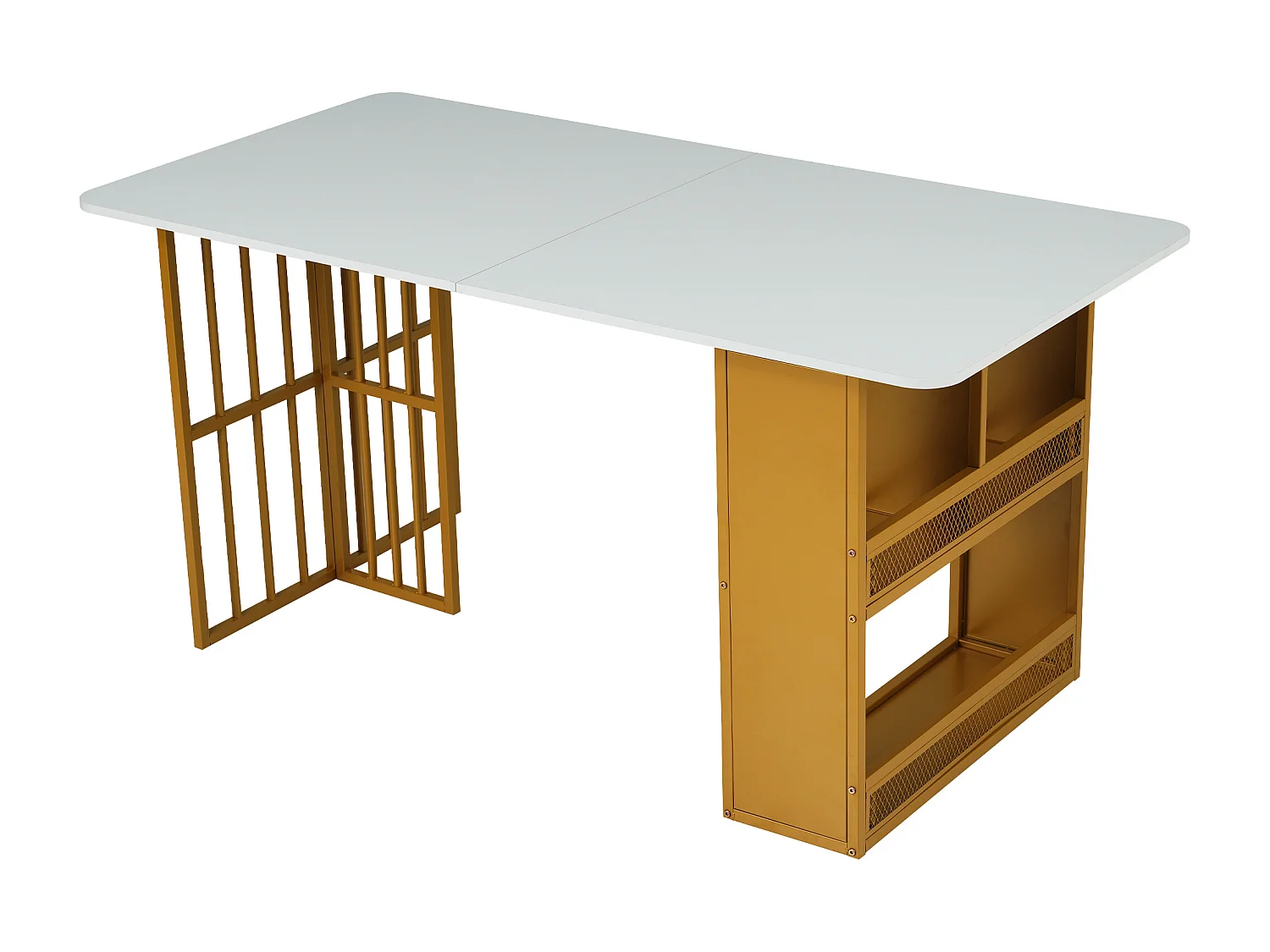 Table à manger rectangulaire 6 couverts, 2 étagères de rangement, bois panneaux de particules et métal doré, blanc