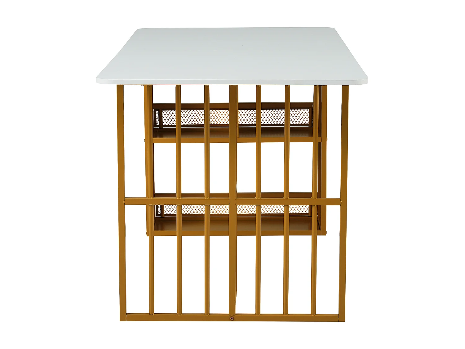 Table à manger rectangulaire 6 couverts, 2 étagères de rangement, bois panneaux de particules et métal doré, blanc