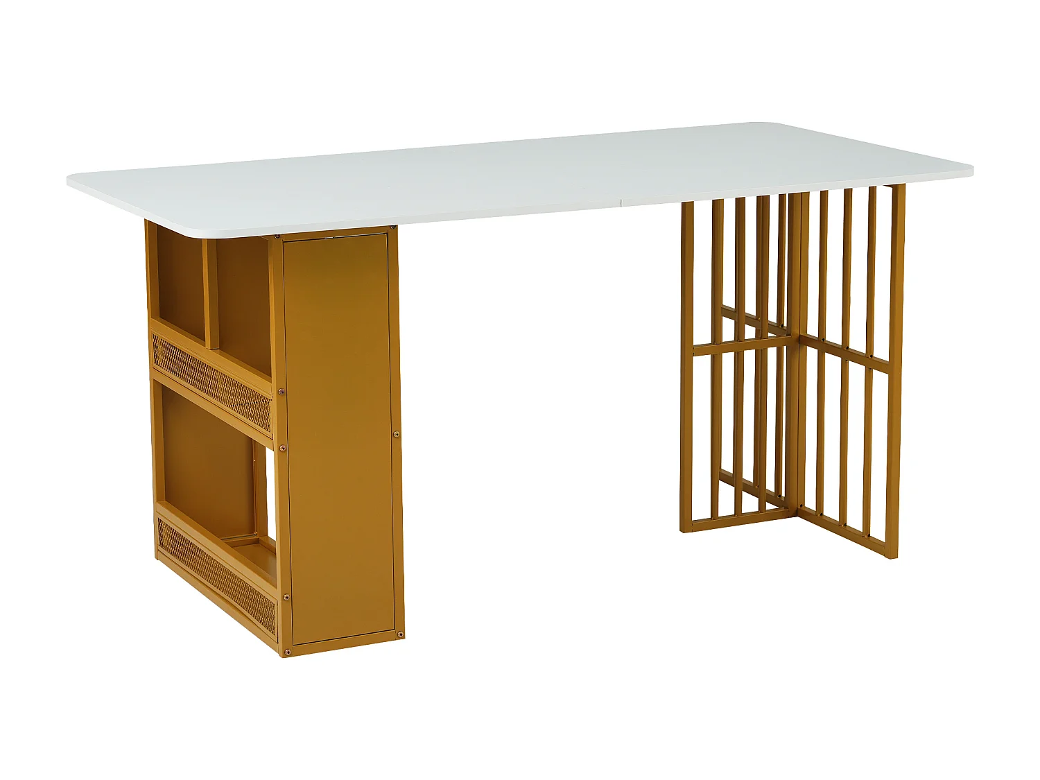 Table à manger rectangulaire 6 couverts, 2 étagères de rangement, bois panneaux de particules et métal doré, blanc