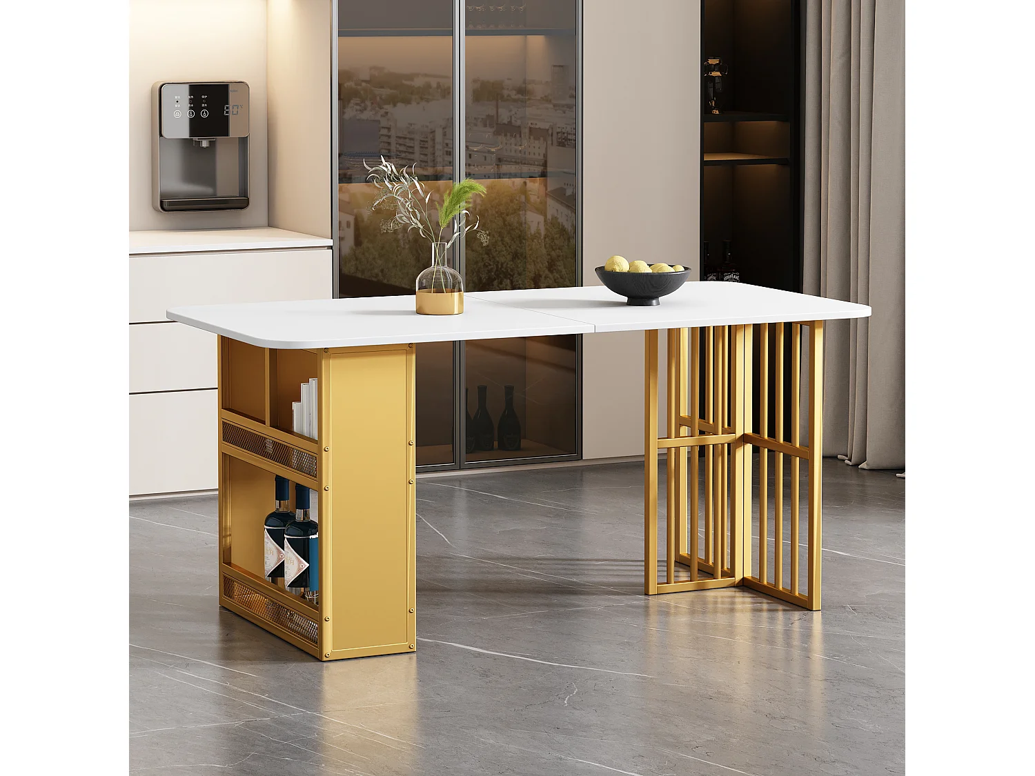Table à manger rectangulaire 6 couverts, 2 étagères de rangement, bois panneaux de particules et métal doré, blanc