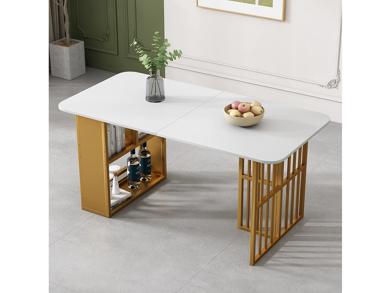 Table à manger rectangulaire 6 couverts, 2 étagères de rangement, bois panneaux de particules et métal doré, blanc