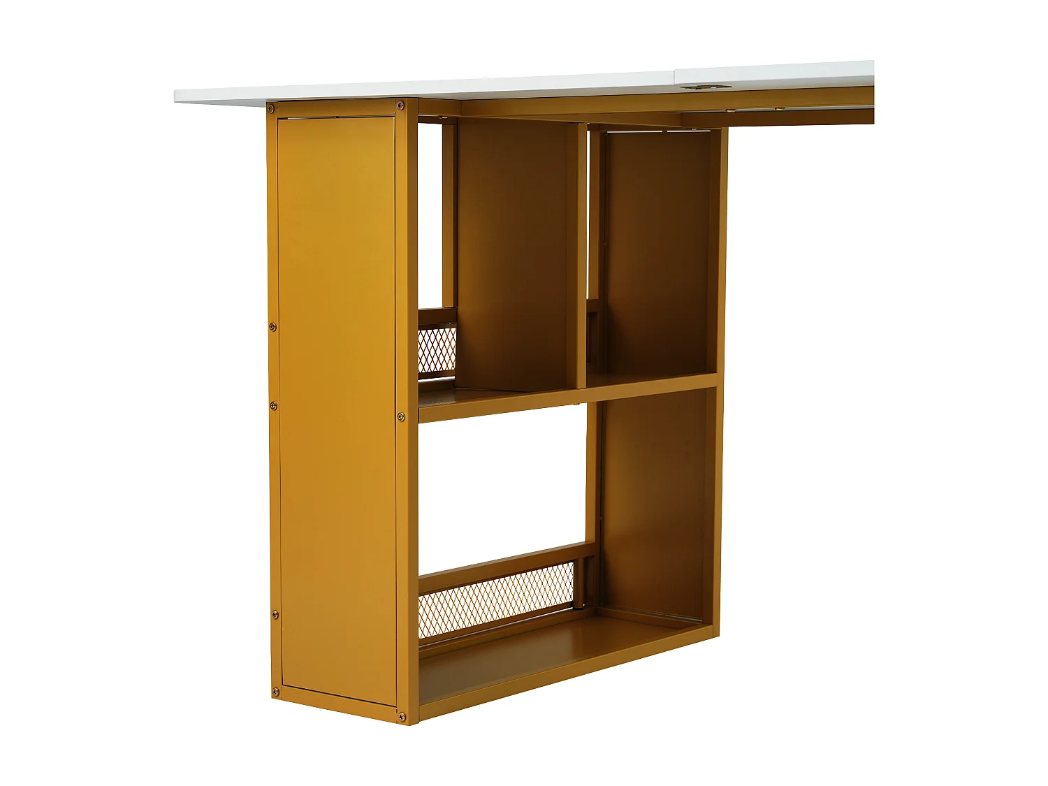 Table à manger rectangulaire 6 couverts, 2 étagères de rangement, bois panneaux de particules et métal doré, blanc