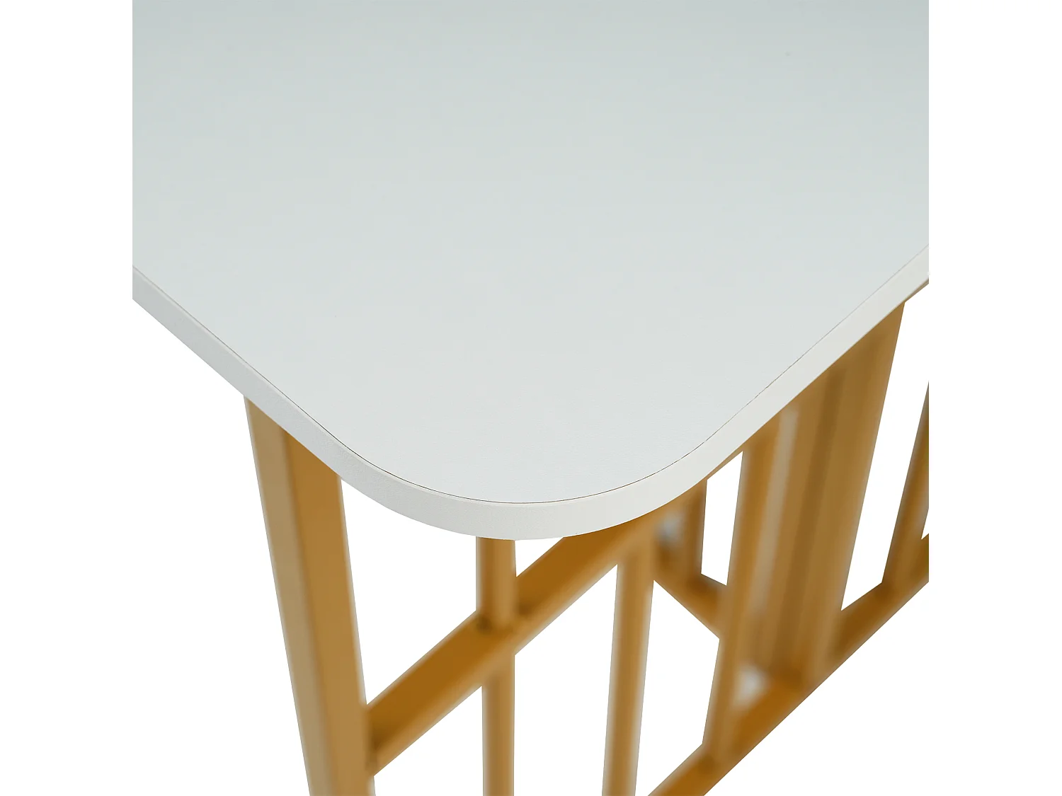 Table à manger rectangulaire 6 couverts, 2 étagères de rangement, bois panneaux de particules et métal doré, blanc