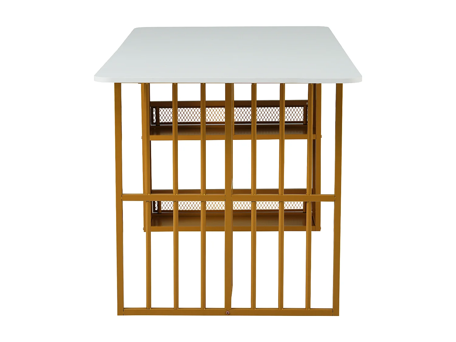 Table à manger rectangulaire 6 couverts, 2 étagères de rangement, bois panneaux de particules et métal doré, blanc