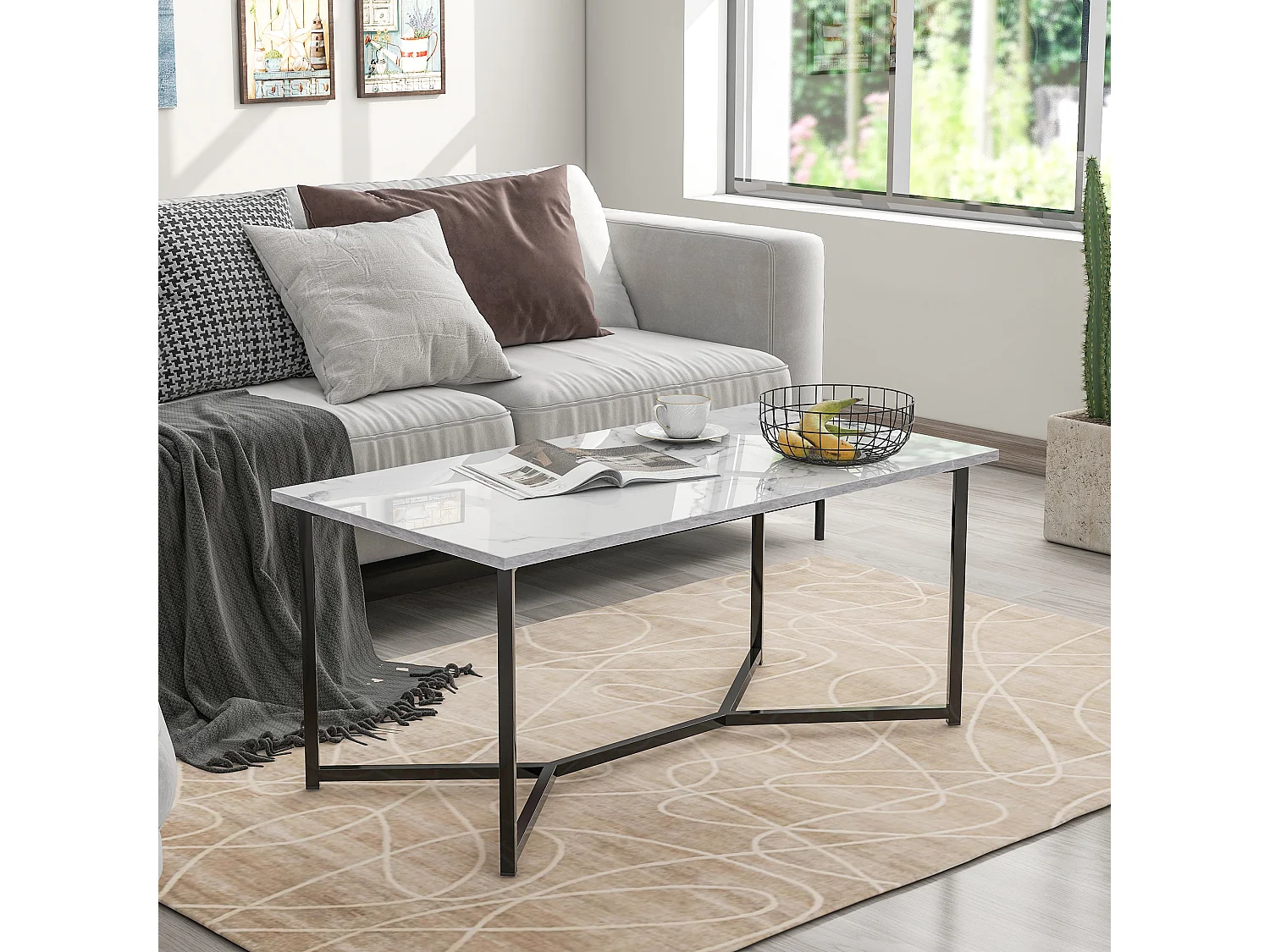 Table basse rectangulaire moderne, table d'appoint en bois MDF, effet marbre, blanc, 106 x 55 x 45 cm