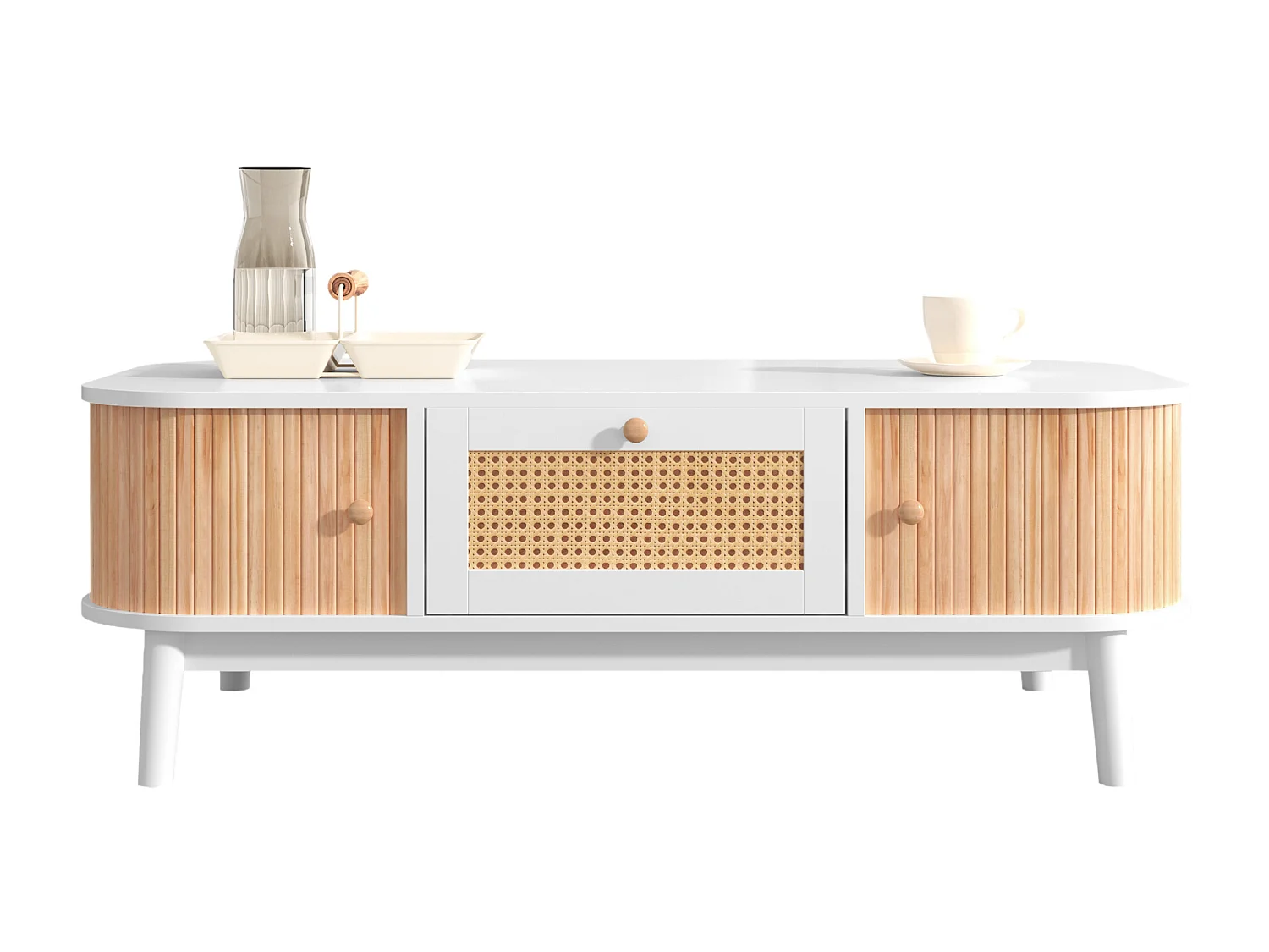 Table basse avec 1 tiroir et 2 portes coulissantes, pieds en bois massif, style campagne, coloris naturel