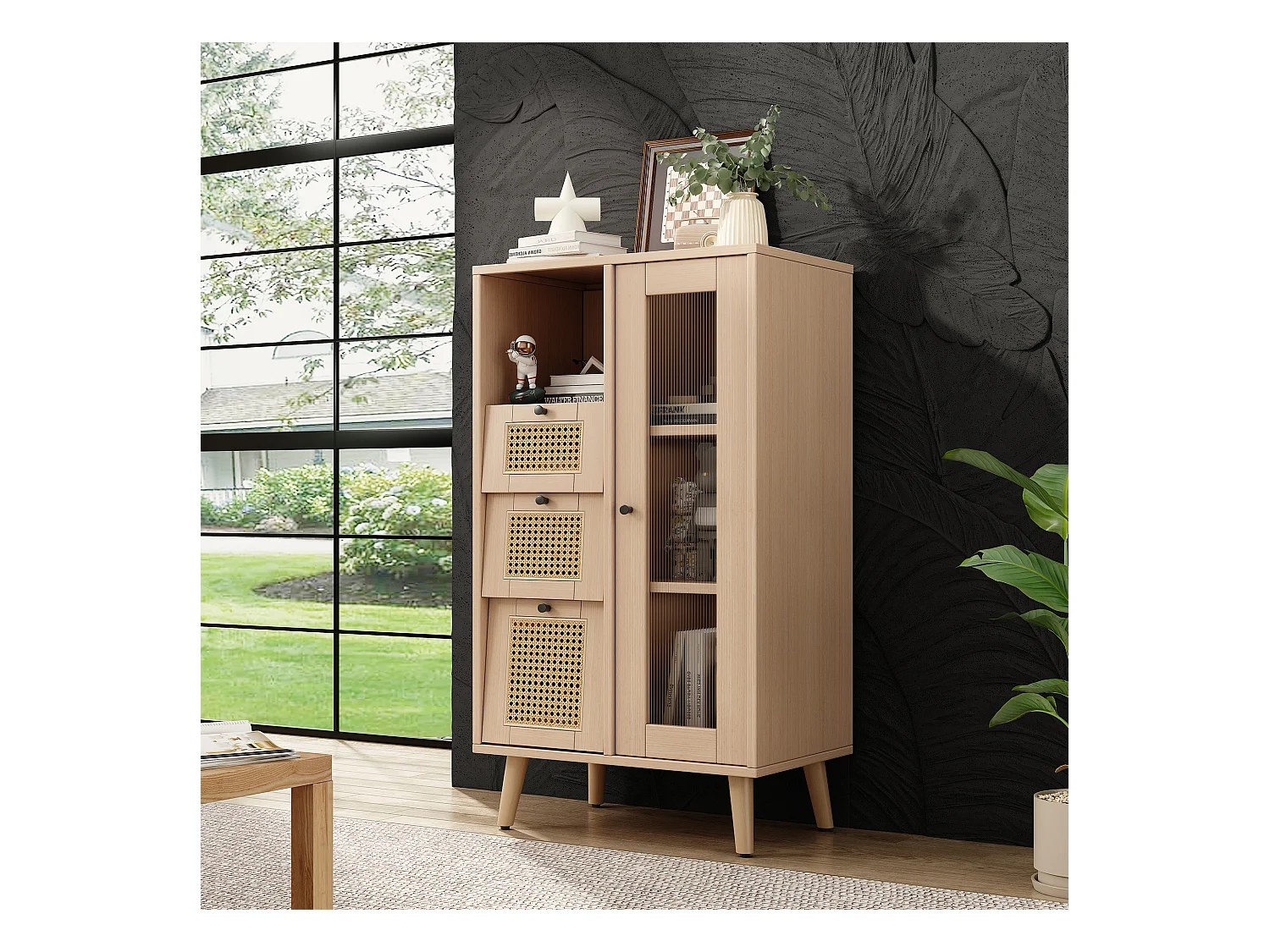 Vitrine met 1 deur en 3 laden in rotanpatroon, spaanplaat, kleur: naturel, 60 x 40 x 120 cm