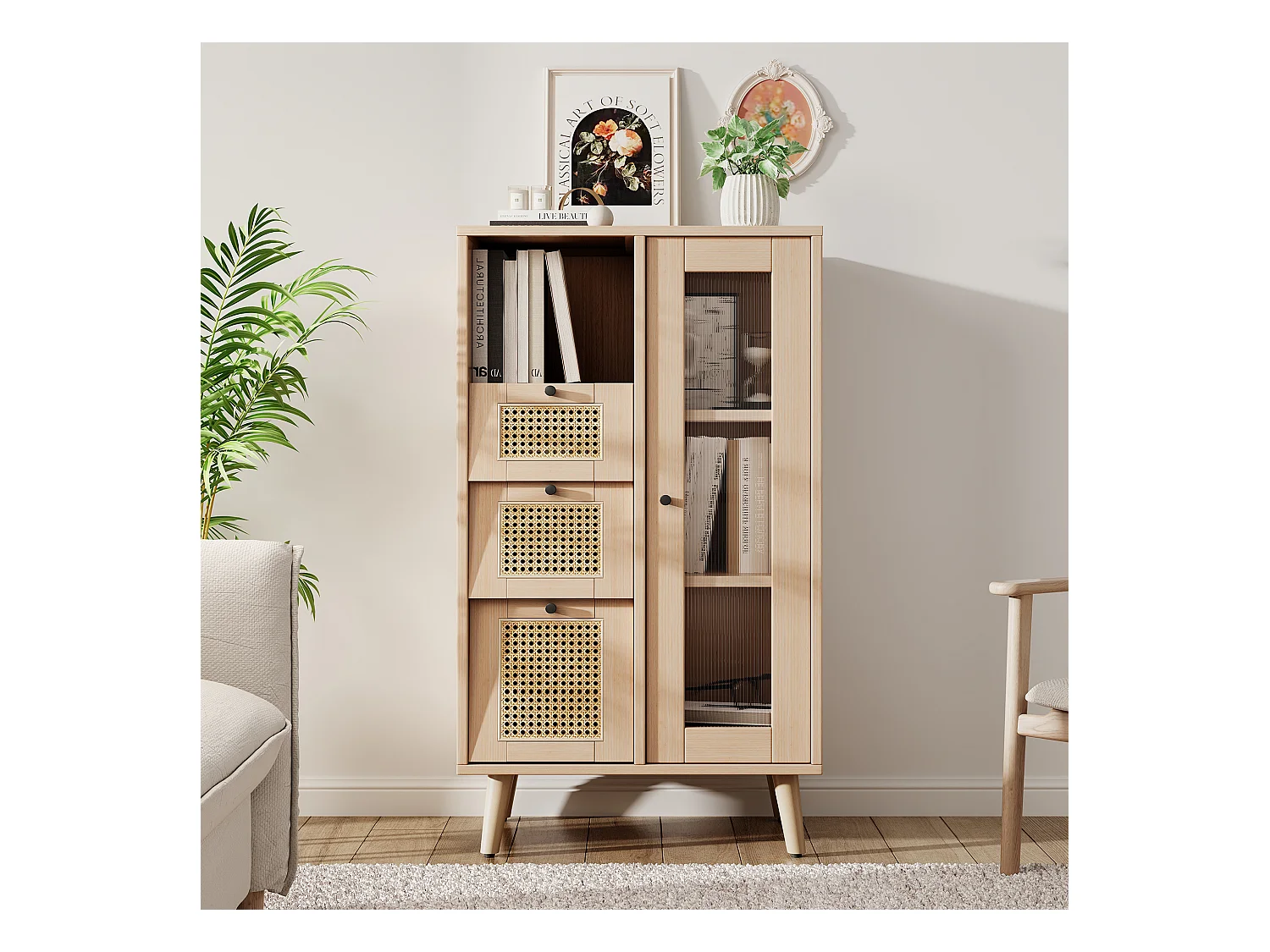 Vitrine mit 1 Tür und 3 Schubladen in Rattanoptik, Spanplatte, Farbe: Natur, 60 x 40 x 120 cm
