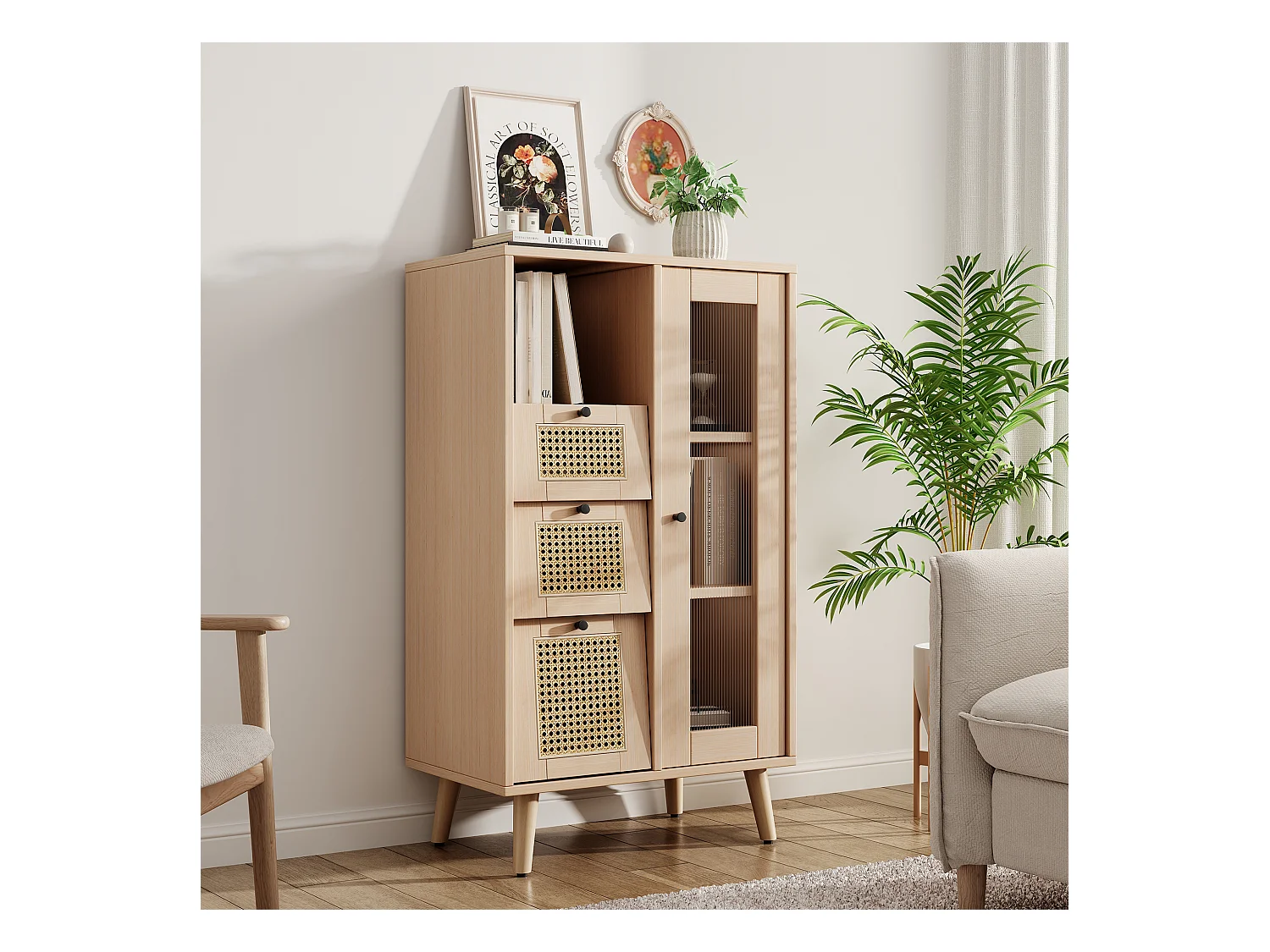 Vitrine mit 1 Tür und 3 Schubladen in Rattanoptik, Spanplatte, Farbe: Natur, 60 x 40 x 120 cm