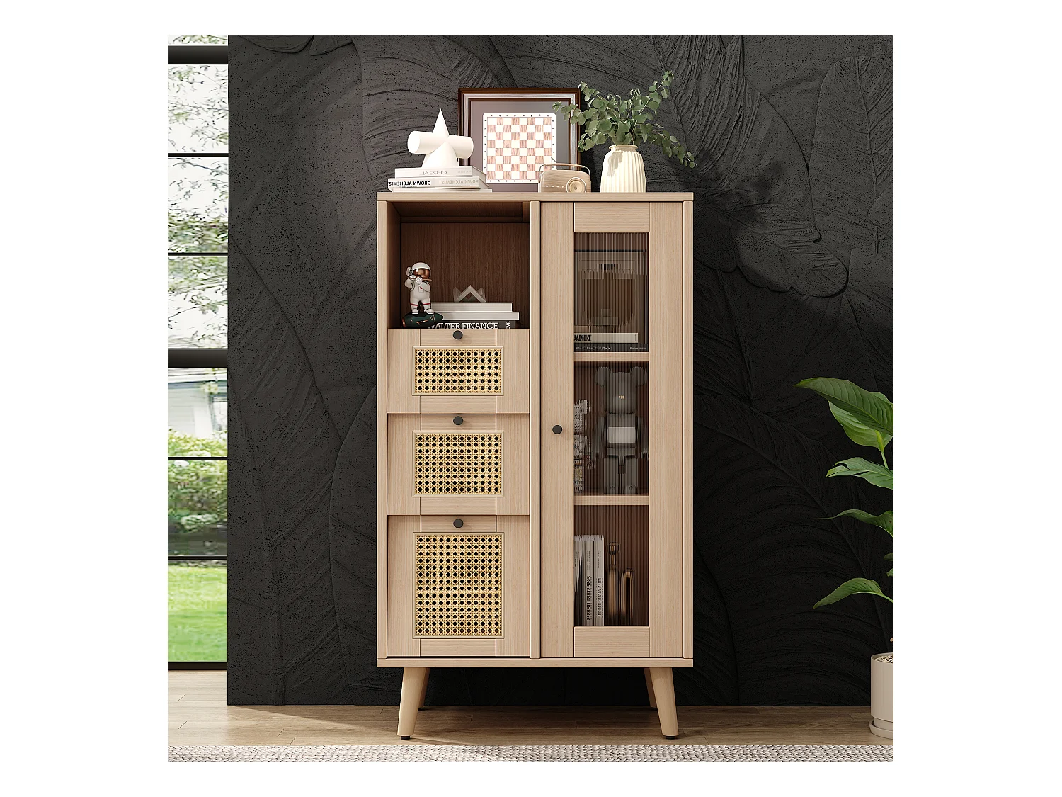 Vitrine mit 1 Tür und 3 Schubladen in Rattanoptik, Spanplatte, Farbe: Natur, 60 x 40 x 120 cm