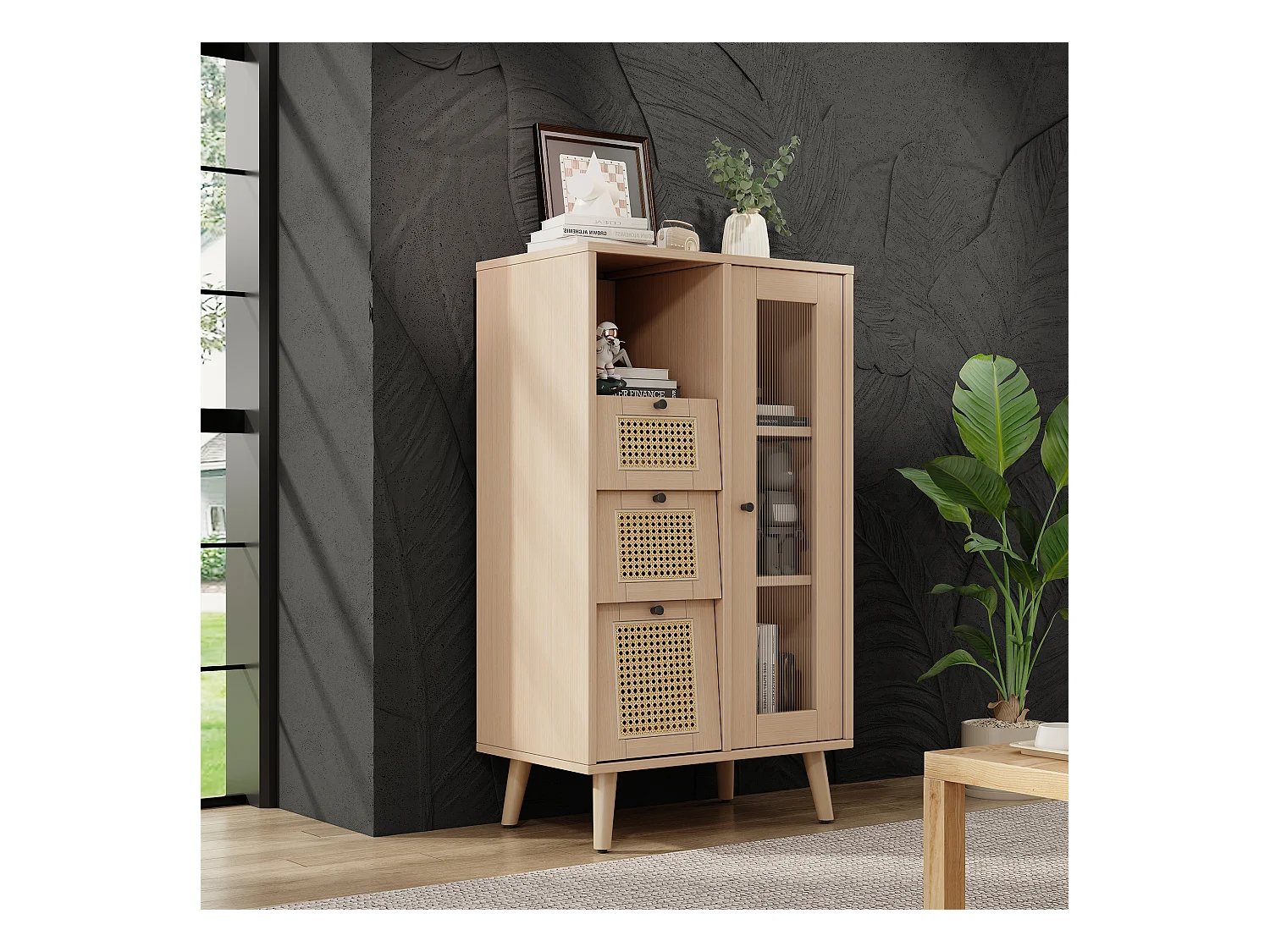 Vitrine mit 1 Tür und 3 Schubladen in Rattanoptik, Spanplatte, Farbe: Natur, 60 x 40 x 120 cm