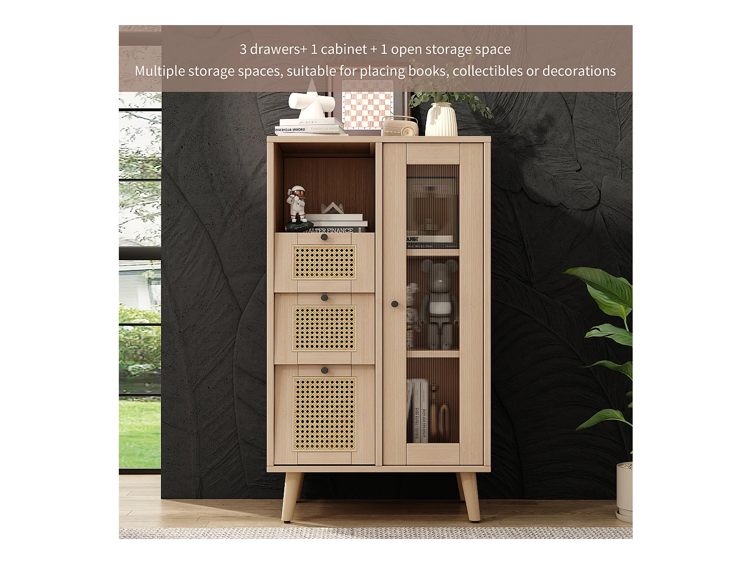 Vitrine mit 1 Tür und 3 Schubladen in Rattanoptik, Spanplatte, Farbe: Natur, 60 x 40 x 120 cm