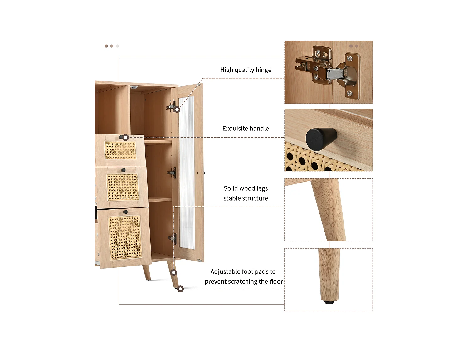 Vitrine mit 1 Tür und 3 Schubladen in Rattanoptik, Spanplatte, Farbe: Natur, 60 x 40 x 120 cm