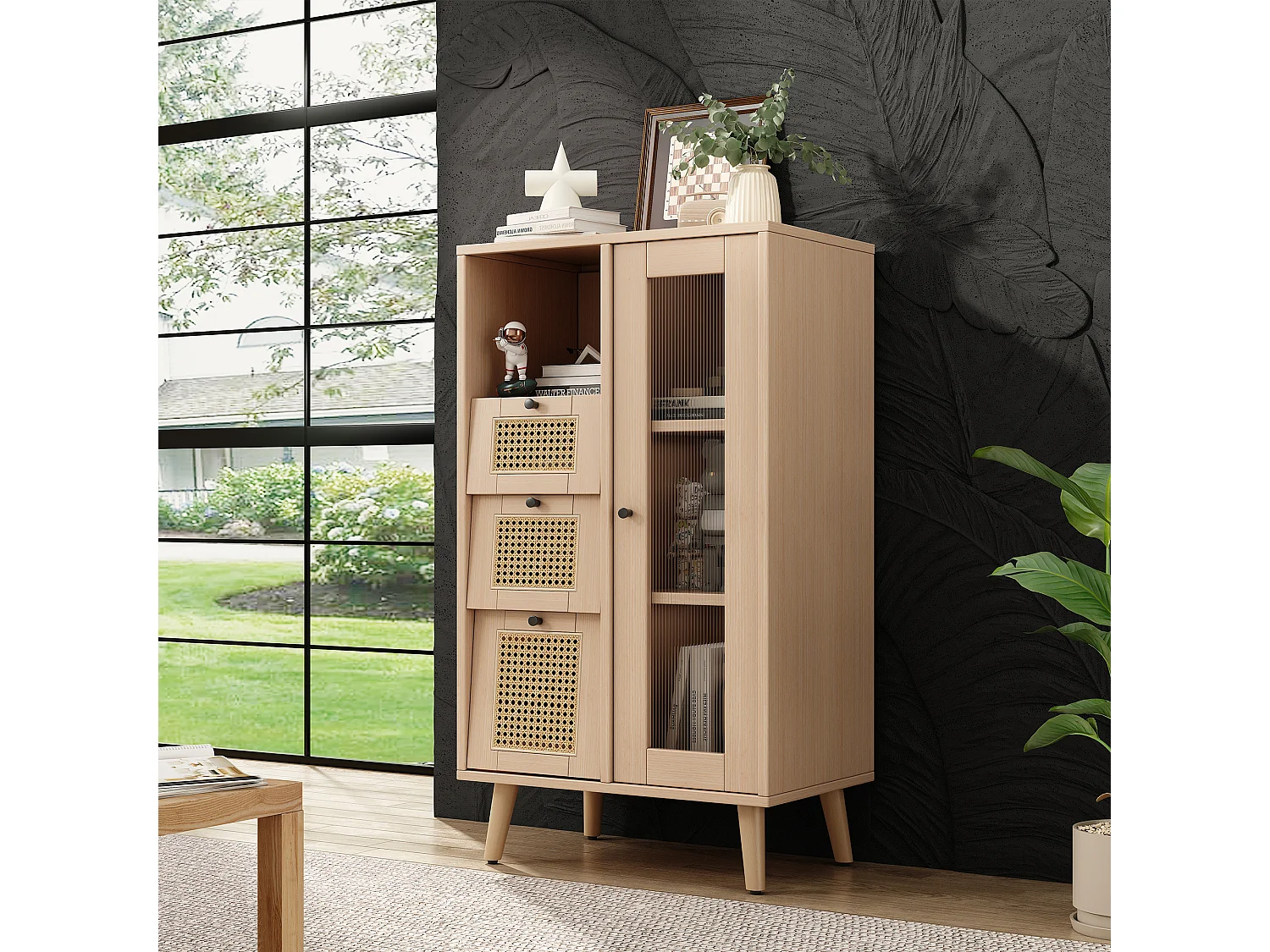 Vitrine met 1 deur en 3 laden in rotanpatroon, spaanplaat, kleur: naturel, 60 x 40 x 120 cm