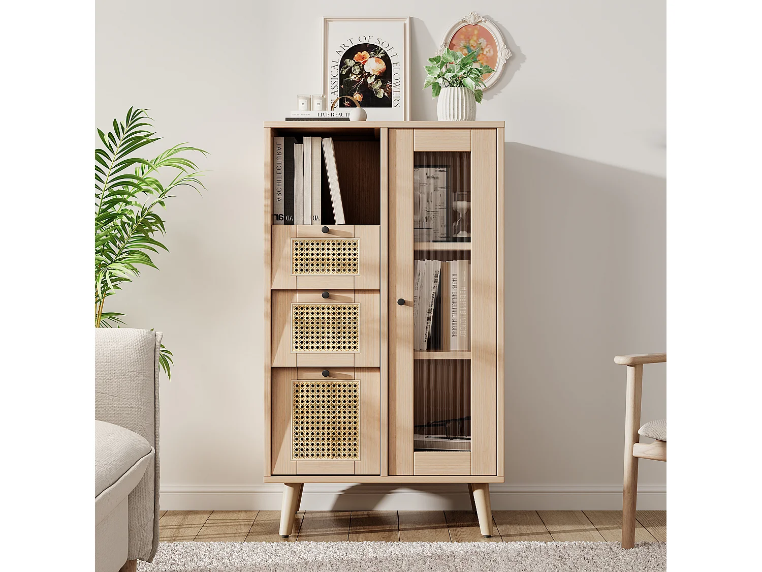 Vitrine met 1 deur en 3 laden in rotanpatroon, spaanplaat, kleur: naturel, 60 x 40 x 120 cm