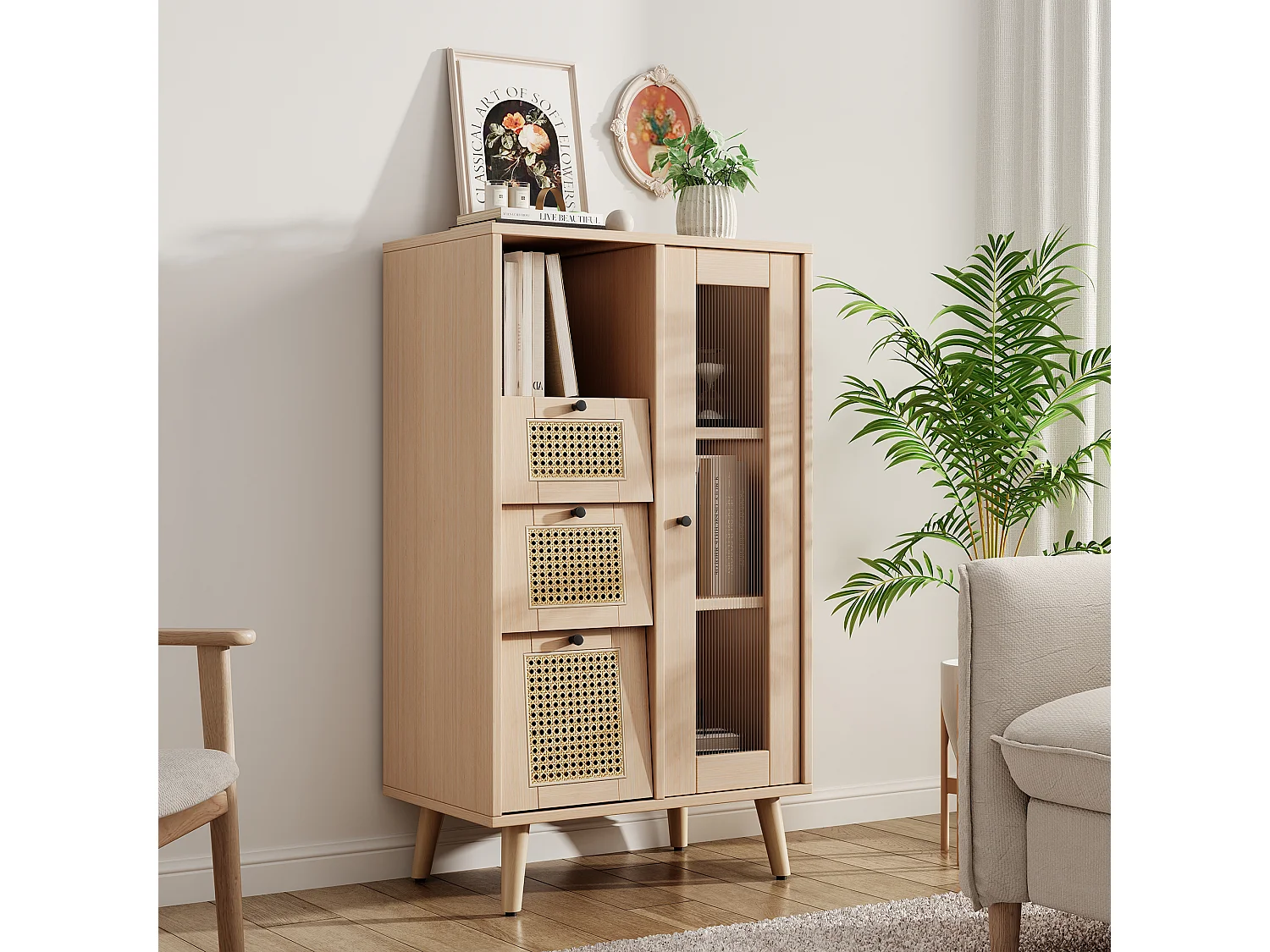 Vitrine met 1 deur en 3 laden in rotanpatroon, spaanplaat, kleur: naturel, 60 x 40 x 120 cm