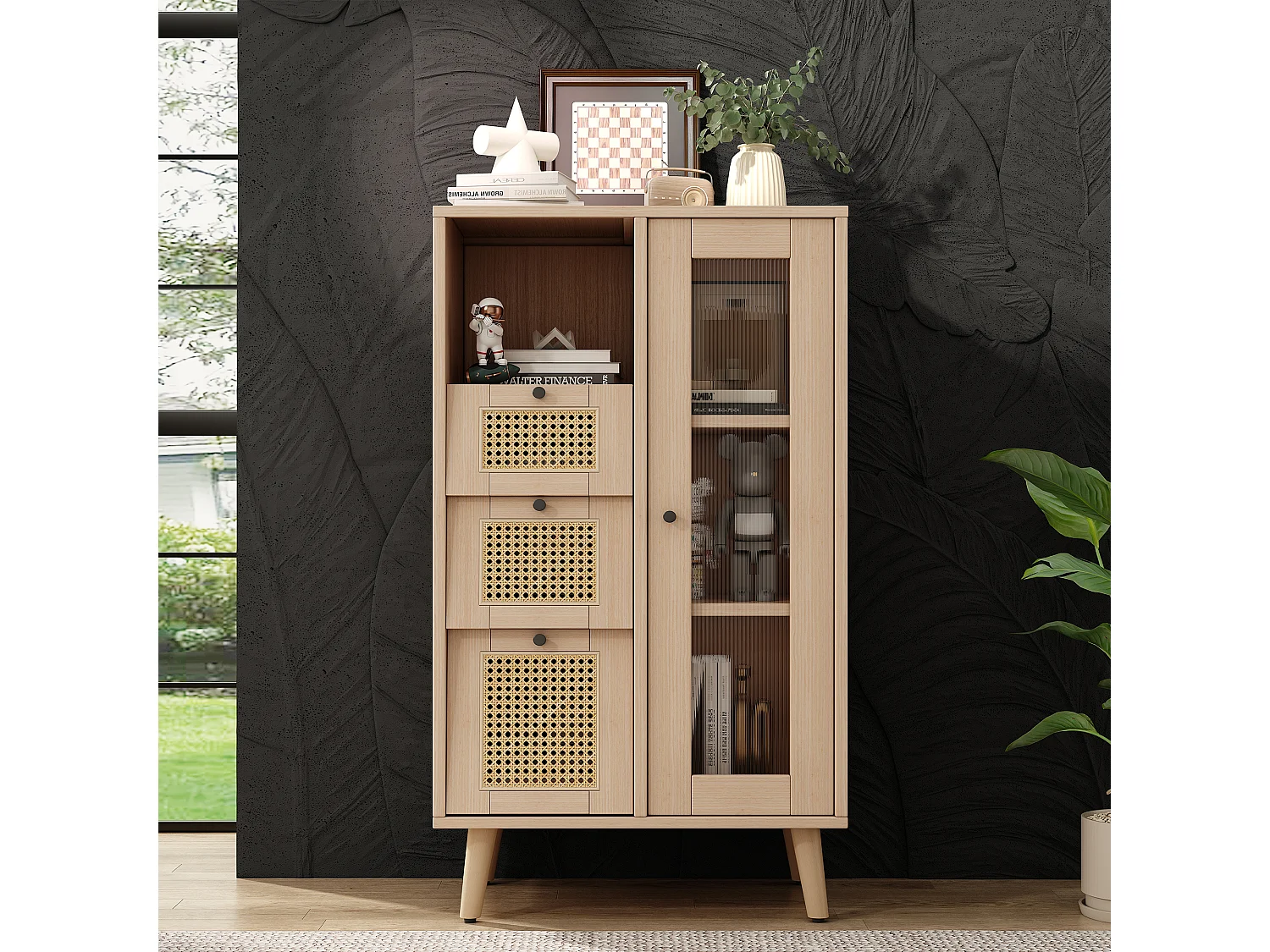 Vitrine met 1 deur en 3 laden in rotanpatroon, spaanplaat, kleur: naturel, 60 x 40 x 120 cm