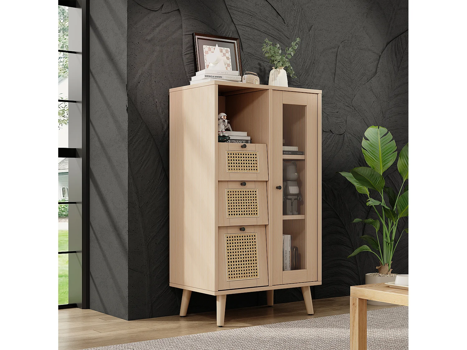 Vitrine met 1 deur en 3 laden in rotanpatroon, spaanplaat, kleur: naturel, 60 x 40 x 120 cm