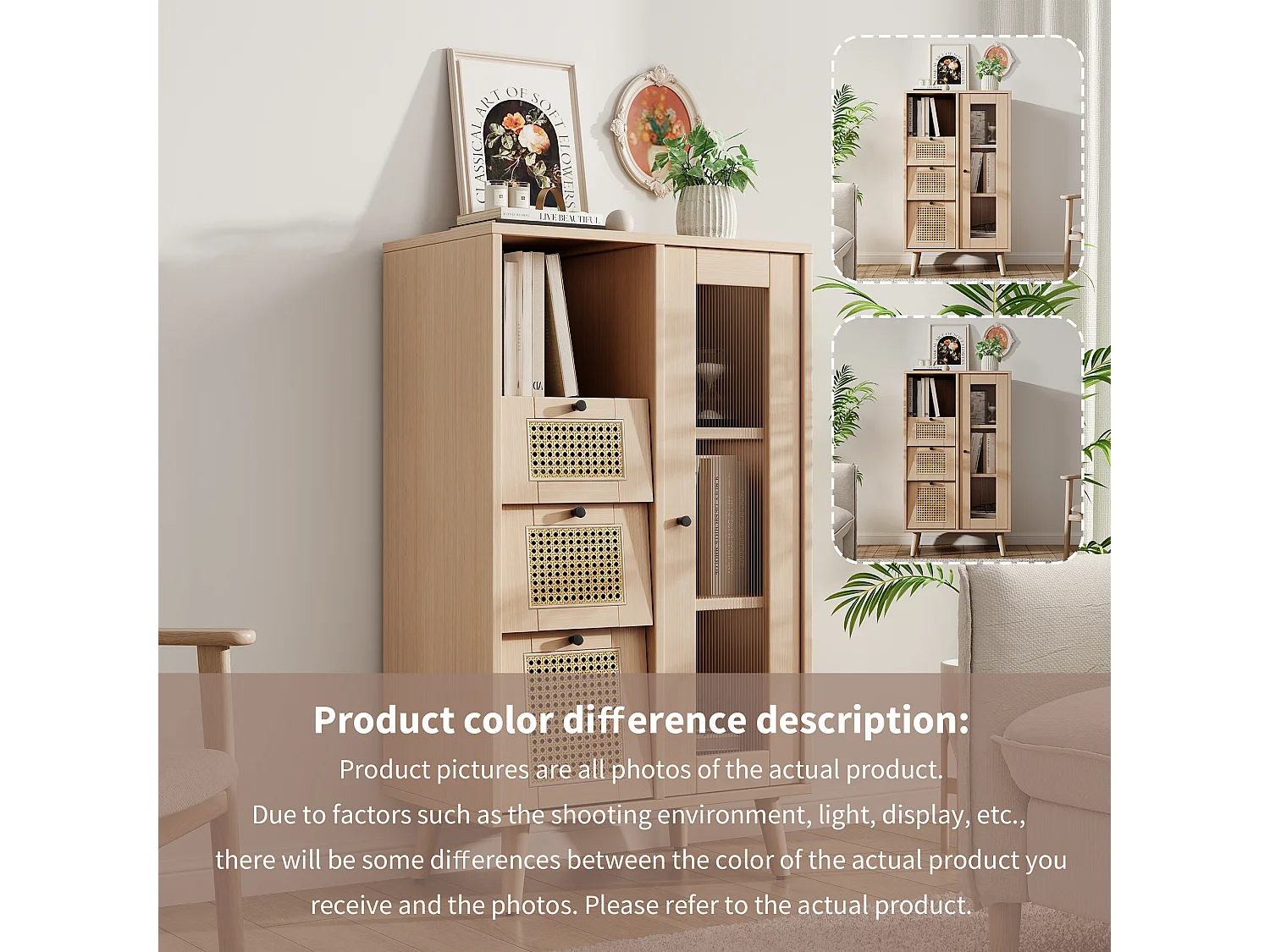 Vitrine met 1 deur en 3 laden in rotanpatroon, spaanplaat, kleur: naturel, 60 x 40 x 120 cm